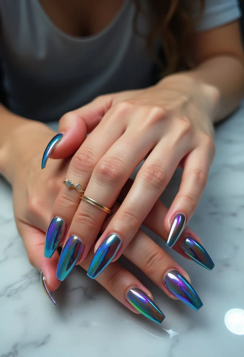 The nail design exhibits an iridescent, holographic color palette that shifts between vibrant shades of blue, green, and purple, creating a captivating and dynamic effect. The nails are sculpted into a tapered, coffin shape which adds a modern and edgy appeal to the overall look. The treatment appears to be a gel overlay, giving a high-gloss finish that enhances the multidimensional colors. There are no additional intricate patterns or decorations, allowing the iridescence to be the focal point of the design. This style is versatile and suited for special occasions or seasonal events, particularly during festive or celebratory times when a bold and striking aesthetic is desired.