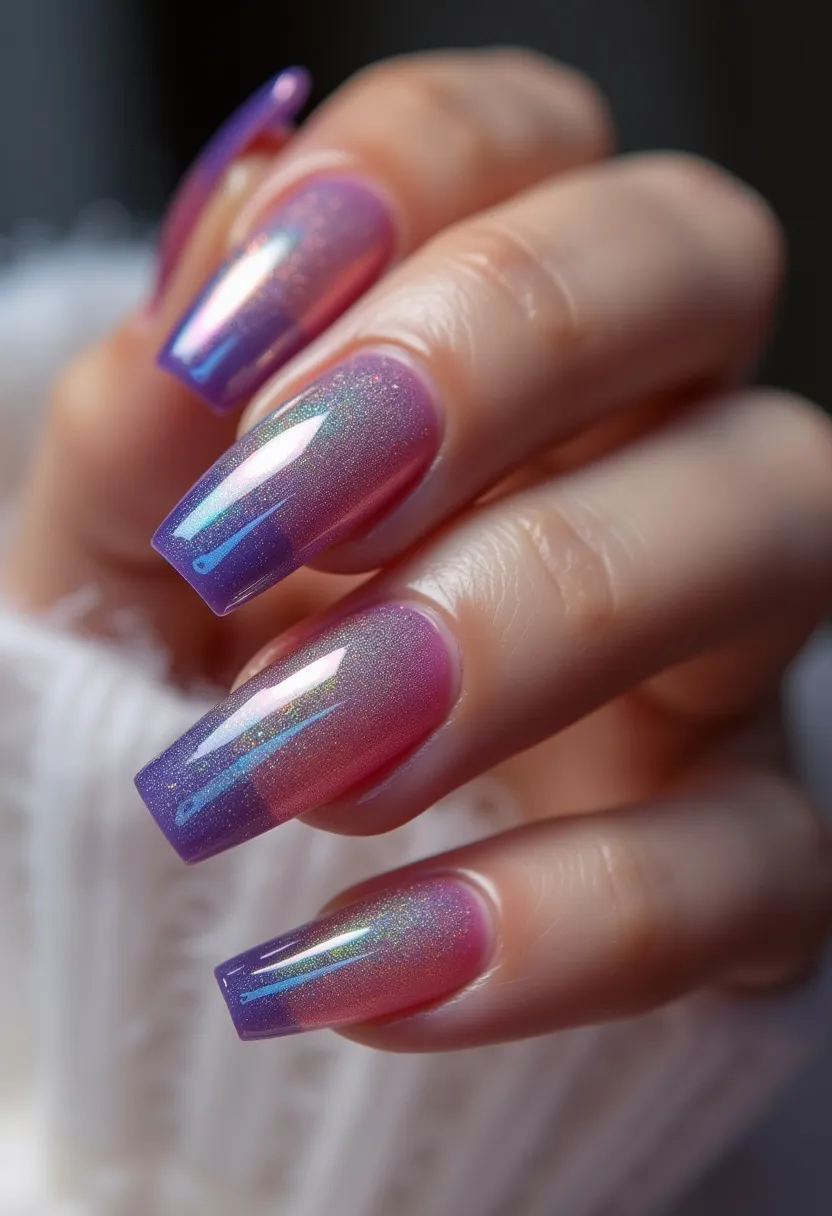 The nail design features a beautiful color palette with a gradient transition from pink at the base to purple towards the tips, accentuated by a holographic sheen that adds a captivating sparkle. The nails are medium to long in length and maintain a squared-off shape that provides a clean and modern look. The pattern is intricate yet subtle, predominantly highlighting the smooth gradient and the shimmer effect, without additional embellishments or patterns. The nails appear to possibly be treated with gel, as evident from the glossy and durable finish. This design could be considered suitable for a variety of occasions, from everyday wear to special events, and its vibrant yet sophisticated aesthetic makes it versatile for any season.