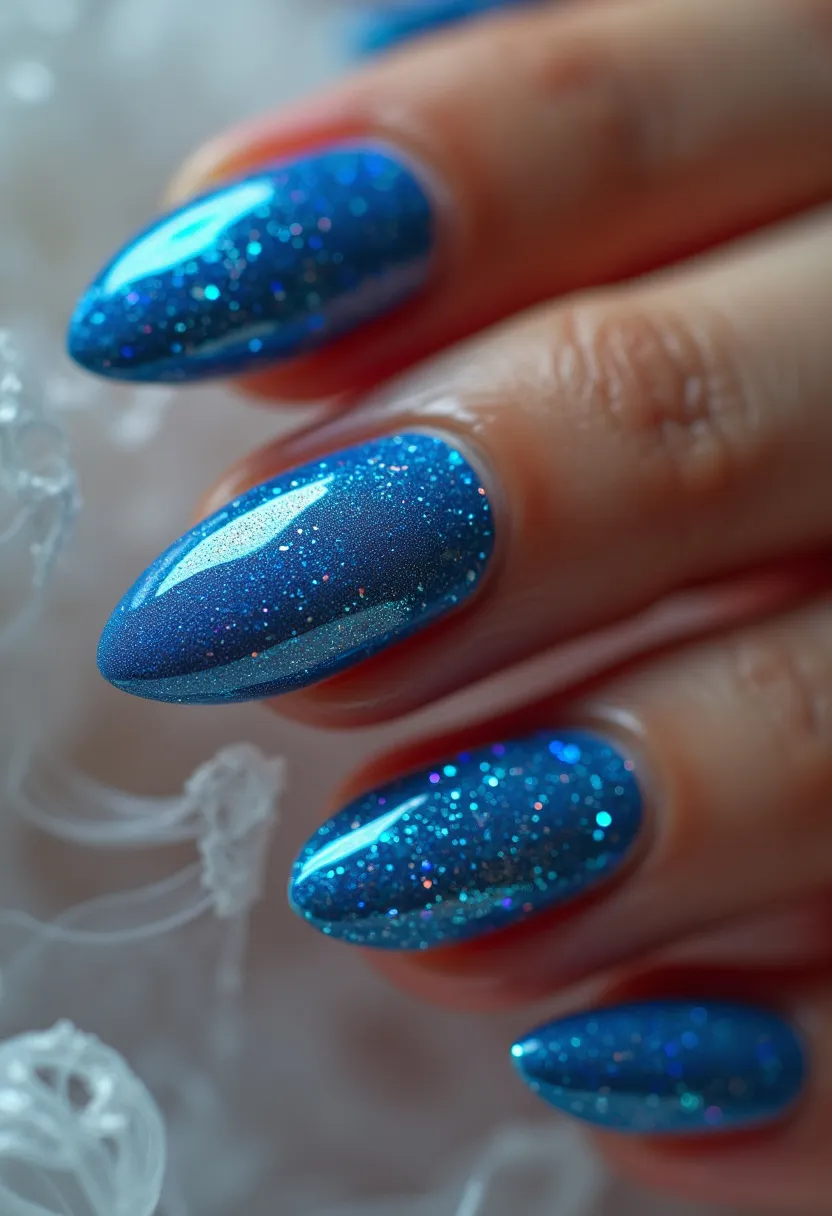 This nail design features a striking and vibrant blue color palette, enriched with a myriad of glitter particles that give it a sparkling and glamorous effect. The nails are shaped in an almond form, which provides an elegant and elongated look. The glittery overlay suggests a gel nail treatment, given its glossy and smooth finish. This design could be ideal for festive or celebratory events due to the shimmering detail and bold color choice. The overall look is sophisticated and eye-catching, perfect for making a statement in any season or special occasion.