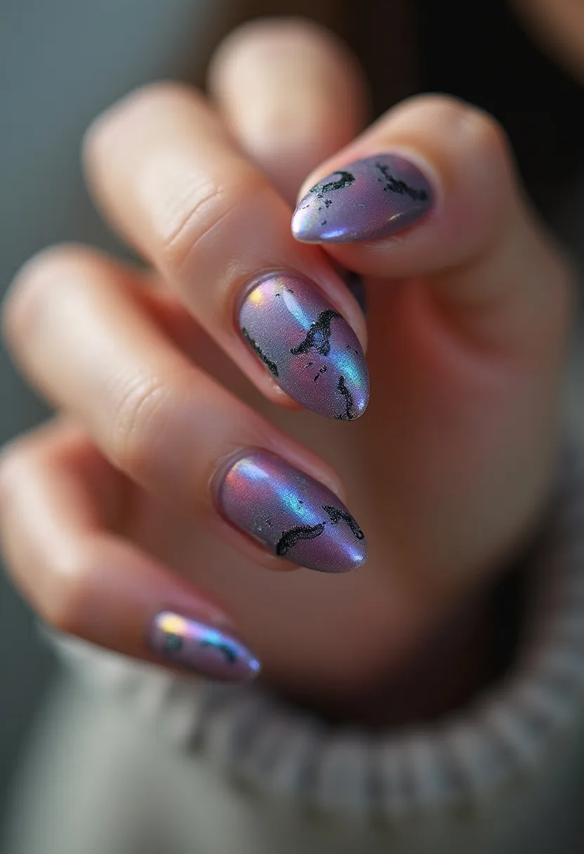 The nail design features a color palette dominated by iridescent shades of purple, blue, and silver, creating a mesmerizing holographic effect. The nails are shaped into an elegant almond form, exuding sophistication. Decorative elements include intricate black marbling patterns that traverse the nails, adding a striking contrast and an artistic flair to the overall look. The type of nail treatment appears to be either gel or shellac, given the high-gloss and smooth finish. The unique details and colors make this design suitable for festive occasions or parties, where a touch of glamour is desired.