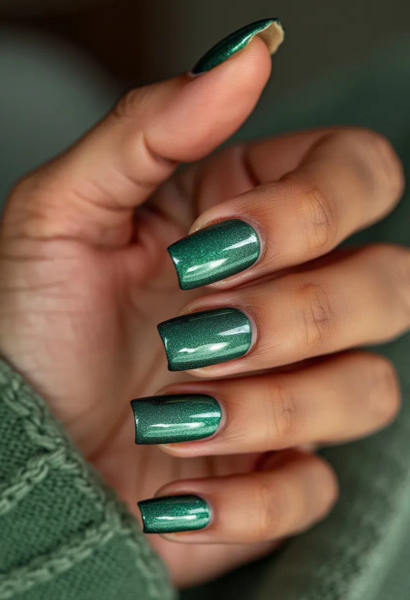 The nail design features a striking deep green color palette with a slight metallic sheen, creating a sophisticated and eye-catching appearance. The nails are shaped in a medium-length square or squoval style, which complements the bold color. The polish used appears to be gel, providing a smooth, glossy finish that enhances the shimmering effect of the green hue. This design lacks intricate patterns or additional decorations, allowing the rich color to stand out on its own. The overall look suggests a versatile design suitable for various occasions, with a possible inclination towards a winter or festive seasonal theme given the elegant green shade.