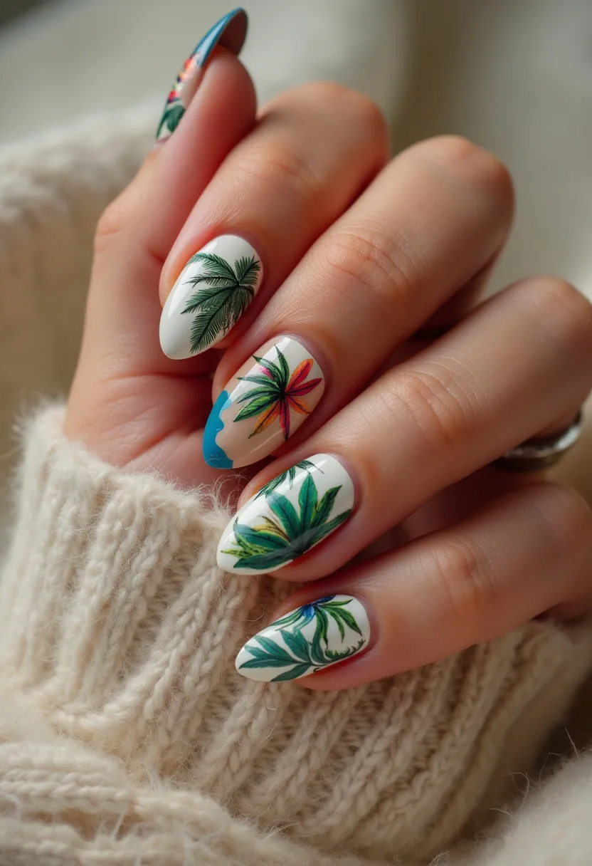 The nail design features a tropical theme with a palette centered around white bases adorned with vibrant, detailed palm leaves in shades of green, and accents of red, yellow, and blue. The nails are shaped into a sophisticated almond form, enhancing the elegant and elongating effect. Each nail showcases intricate patterns of different palm fronds, creating a lush, exotic feel, with a touch of curved blue detail that could represent water or sky, adding an extra layer of depth and interest. The treatment appears to be a high-gloss gel finish, ensuring a durable and shiny coating that highlights the intricate art. The overall look evokes a summer or vacation vibe, perfect for a sunny retreat or a special occasion that embraces tropical aesthetics.