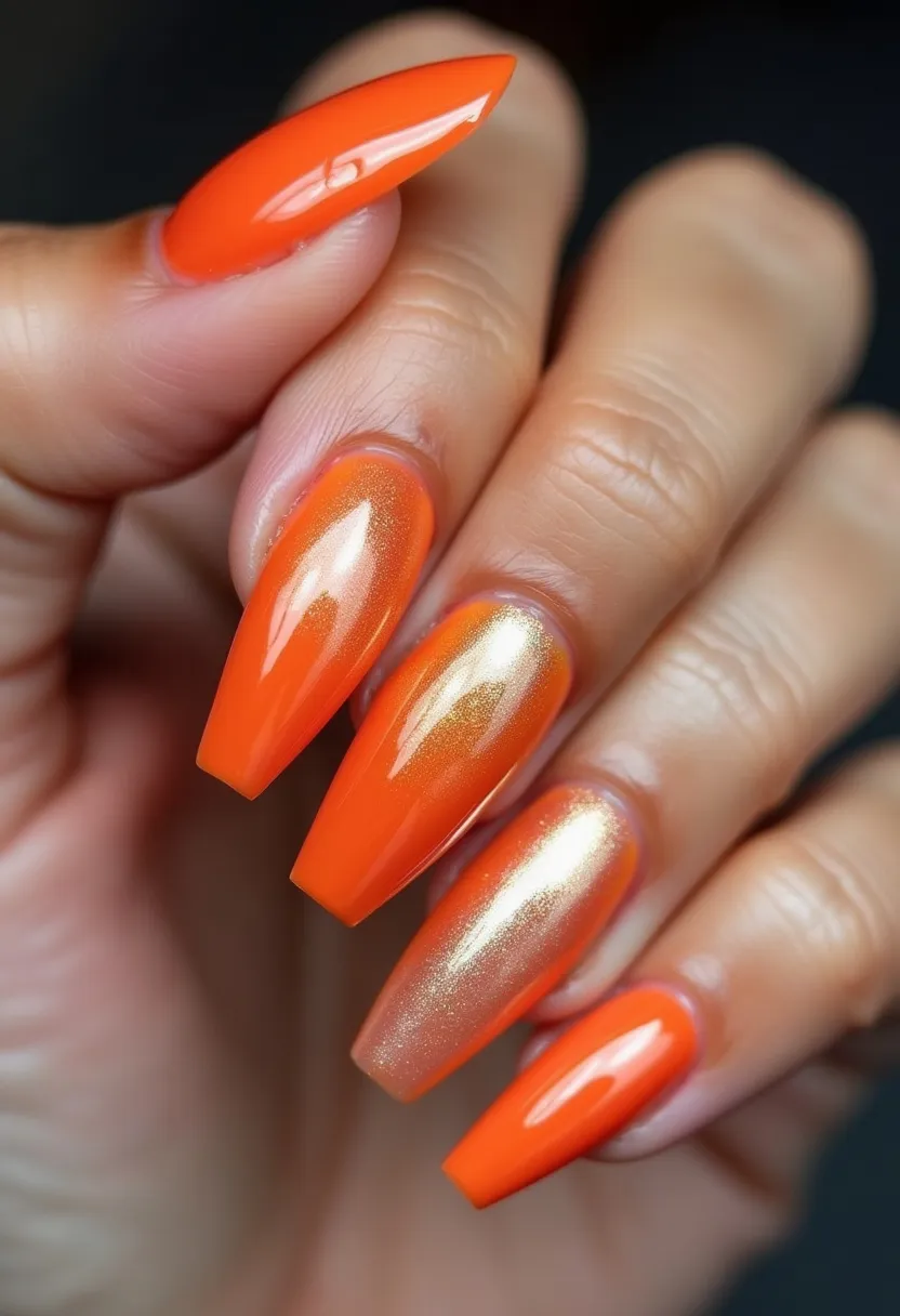 This nail design showcases a vibrant and bold aesthetic, prominently featuring a color palette of bright orange and shimmering gold. The nails are shaped in a long, tapered coffin style, which adds an elegant and dramatic flair to the overall look. Each nail displays a glossy finish, suggesting the use of gel polish, known for its durability and high-shine appearance. The design includes intricate accents of gold shimmer dusted onto some of the orange nails, creating a beautiful gradient effect that enhances the luxurious feel of the manicure. The lively and warm colors resonate with the autumn season, making this design particularly suitable for fall-themed occasions or festive celebrations.