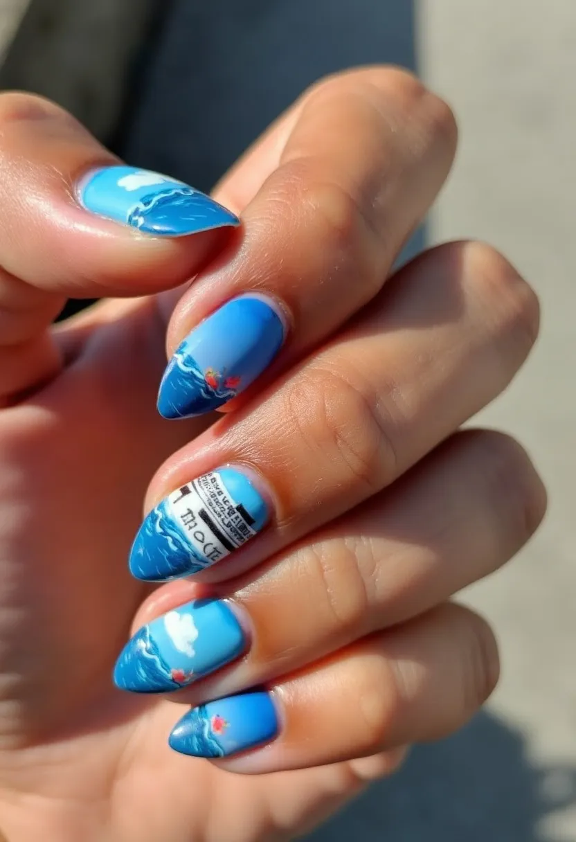 This nail design features a maritime theme with a vibrant color palette of various shades of blue, white, and hints of pink and red. The nails are shaped in a pointed almond form, which enhances the intricacy of the artwork. The detailed designs include depictions of ocean waves, clouds, a lighthouse, and small floating objects, giving a strong impression of a seaside scene. The nails seem to have a glossy finish, characteristic of gel treatments, which adds a sleek, durable sheen to the design. The overall aesthetic appears perfect for a summer season, capturing the essence of a day by the sea.