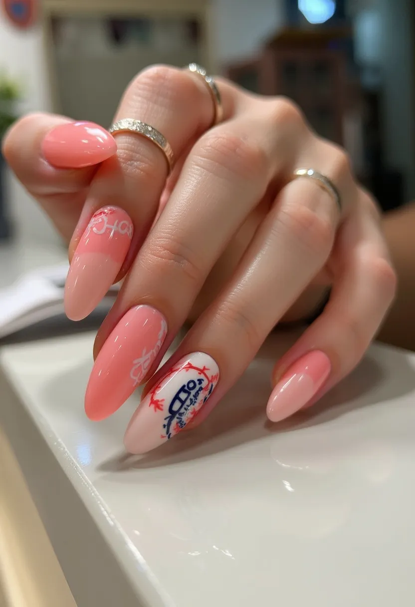 The nail design features a delicate color palette primarily of soft pinks, accented with intricate blue and red details that give a standout effect. The nails are almond-shaped, contributing to an elegant and elongated finger appearance. The ring finger exhibits a distinctive pattern, possibly hand-painted, with red and blue intricate designs that appear to be inspired by abstract or artistic themes. Additionally, there is a detailed white calligraphic pattern on the pink base of the middle finger that adds sophistication and style. The nail treatment appears to be gel, indicated by the glossy finish and precision of the design work. The overall aesthetic could be suited for a creative or cultural event due to its artistic details and personalized embellishments.