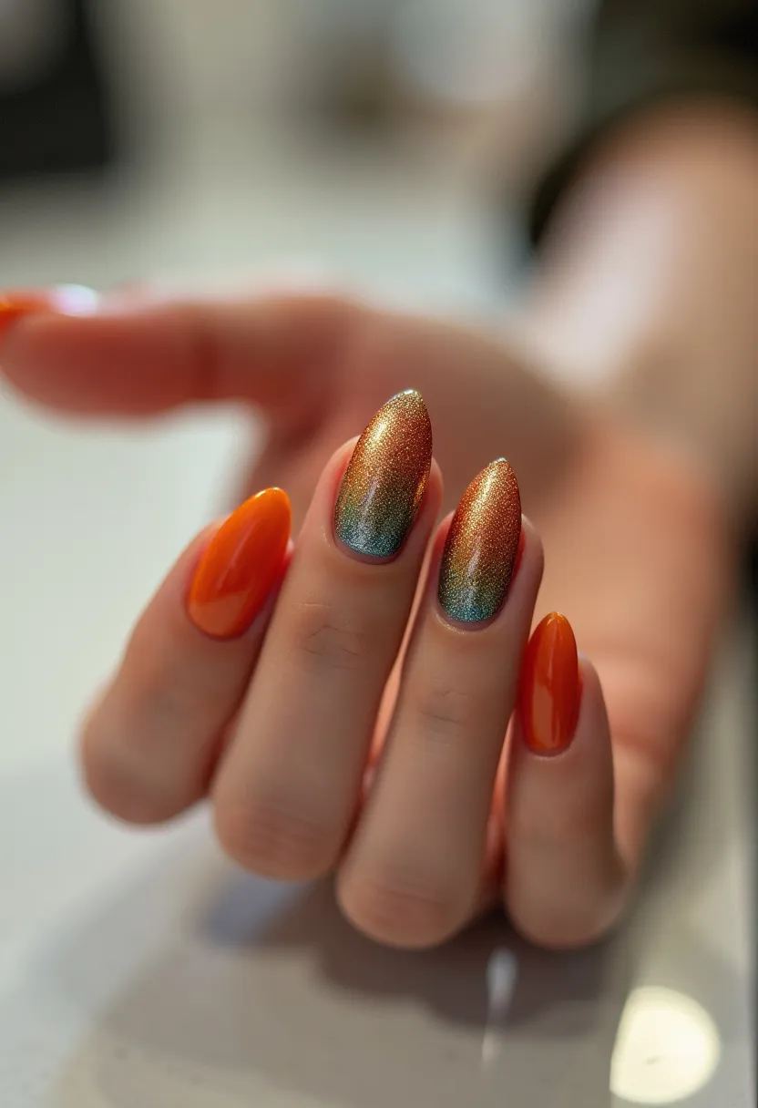 The nail design features a striking color palette comprising vibrant orange and a mesmerizing multichrome finish that shifts between shades of green and gold, hinting at a metallic effect. The nails are almond-shaped, adding an elegant and refined look to the hands. The multichrome nails exhibit a smooth gradient and a glittery texture, indicating a sophisticated application technique likely using gel polish for its glossy and durable finish. The vivid orange on some nails contrasts beautifully with the multichrome ones, enhancing the overall aesthetic. This design could be perfect for fall due to its warm and rich colors, but its vibrant and eye-catching nature also makes it suitable for special occasions or festive celebrations.