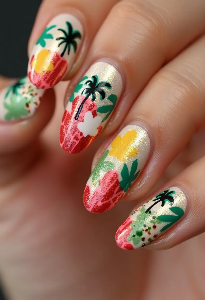 The nail design features an almond shape with a vibrant tropical theme. The color palette includes a shimmery base with hues of gold, red, green, yellow, and black. The intricate patterns depict tropical palm trees, leaves, and flowers, creating a vivid summery look. There are elements of green foliage and red patterns, likely representing exotic fruits, outlined with black palm trees and leafy designs. Some subtle glitter accents add a touch of sparkle to the nails. The glossy finish indicates that the nails might have been done using gel treatment, providing a smooth and enduring shine. This design would be especially suitable for a summer vacation or a tropical-themed occasion.