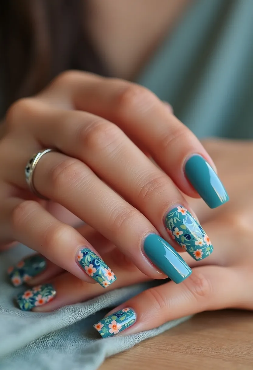 The nail design showcases a striking color palette with a dominant shade of teal. The nails are shaped in a squoval style, merging the curved edges of an oval with the straight tips of a square. Several nails feature intricate floral patterns, with delicate flowers in hues of white and orange against a green leafy backdrop, creating a contrasting yet harmonious design. The floral patterns suggest a hand-painted or detailed decal application, likely applied over a gel polish base due to the high gloss finish that gel treatments typically provide. The overall design exudes a vibrant and fresh springtime feel, making it suitable for a cheerful, seasonal occasion.