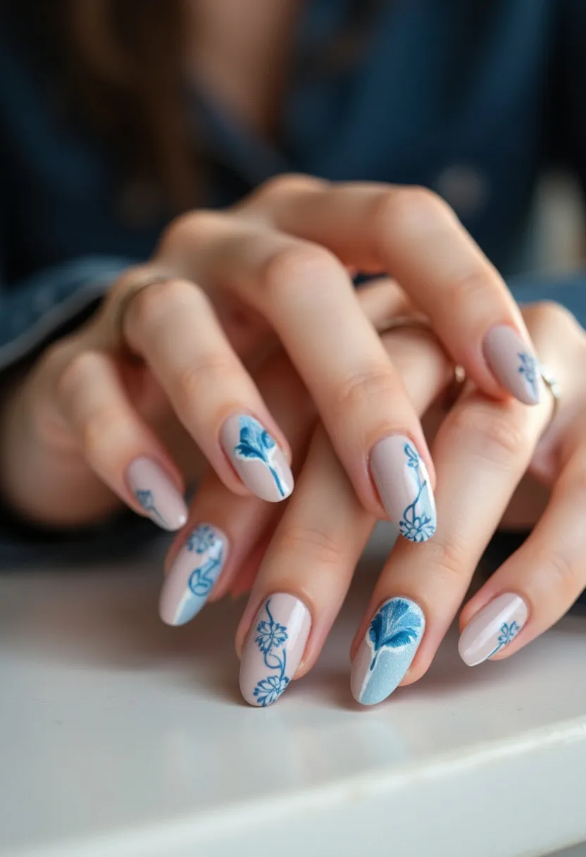 The nail design features an elegant blend of pastel shades, with a primary palette of soft pinks and blues. The nails are shaped into a stylish almond form, offering a balanced and feminine appearance. Delicate floral patterns in varying shades of blue adorn each nail, showcasing intricate hand-painted designs of flowers and botanical accents. The blue flowers contrast beautifully against the muted pink base, adding a sophisticated touch. The nails appear to be treated with gel, offering a glossy and long-lasting finish. This design exudes a fresh and serene aesthetic, ideal for spring or summer celebrations, lending a touch of nature's beauty to any occasion.