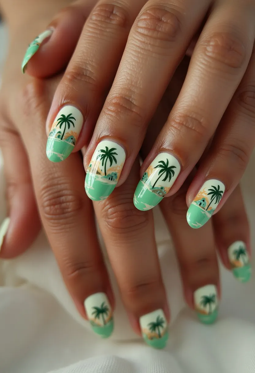 The nail design features a summery, tropical theme characterized by a color palette of light green, white, black, and subtle accents of sandy beige. The nails are shaped in a medium-length oval, creating a smooth and elegant silhouette. Each nail displays an intricate scene with palm trees, beach, and huts in the backdrop, invoking a serene beach holiday ambiance. The base is predominantly white, accentuating the detailed artwork, with the tips of the nails adorned in a soft, pastel green mimicking a horizon or oceanic scene. The detailed nature of the design, along with the glossy finish, suggests a gel nail treatment, known for its durability and vibrant shine. This design is ideal for a summer vacation or a warm-weather getaway.