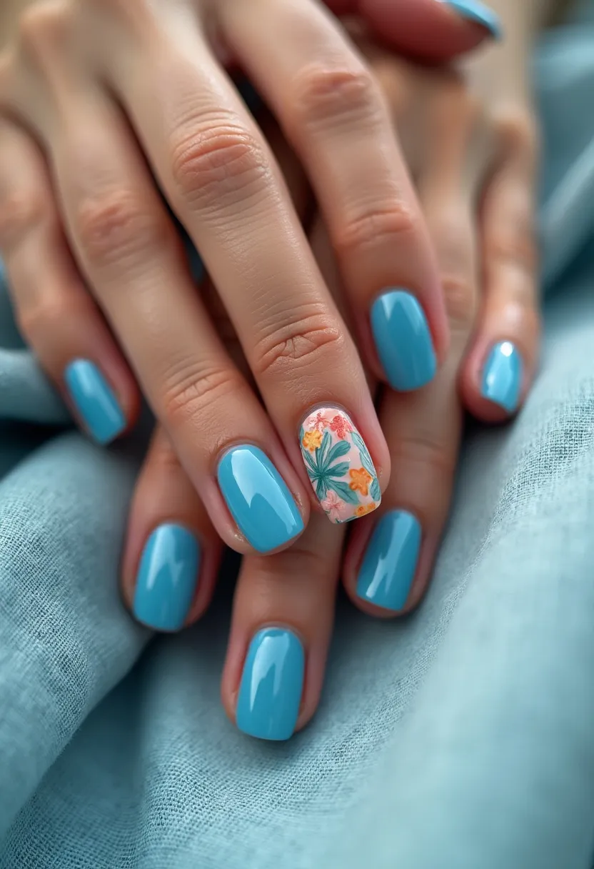 The nail design features a vibrant color palette dominated by a glossy aqua blue applied to all nails except the ring finger. The nails are shaped in a medium length, square or squoval form. The ring finger showcases an intricate tropical-inspired pattern with an array of small orange and pink flowers alongside green tropical leaves on a white base, adding a touch of detailed artistry to the design. This particular manicure appears to be a gel treatment, given the high-shine finish and smooth appearance. The floral accent gives a seasonal, summery vibe to the overall look, making it well-suited for warm weather or a beach outing.