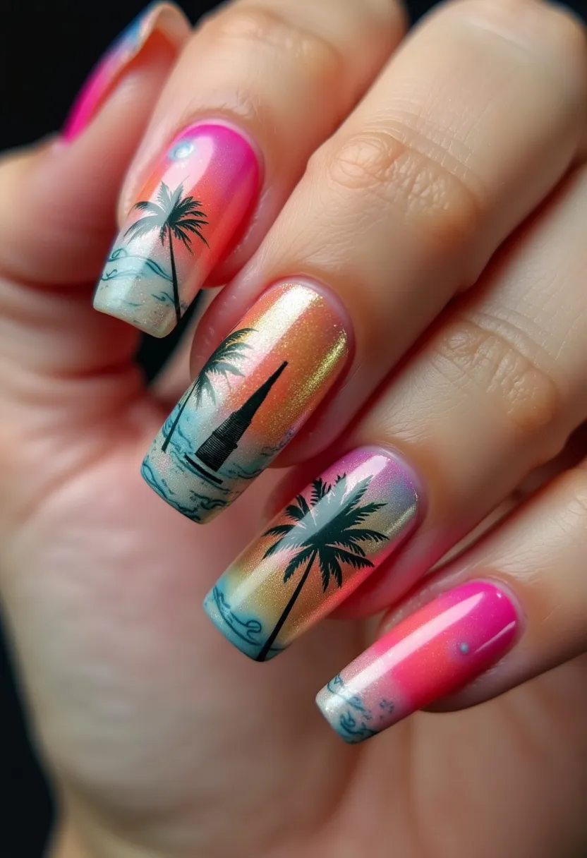 The nail design features a vibrant and colorful palette with tones of pink, orange, yellow, and blue, reminiscent of a sunset or beach theme. The nails are long with a square shape. Intricate patterns include palm trees and beach scenery, adding a tropical vibe. It appears to be a gel nail treatment with a glossy finish, enhancing the vividness of the colors and the intricacy of the designs. Subtle glitter accents are also present, giving a shimmering effect that complements the overall summer or vacation theme. This design is ideal for a special occasion like a tropical vacation or summer festivity.