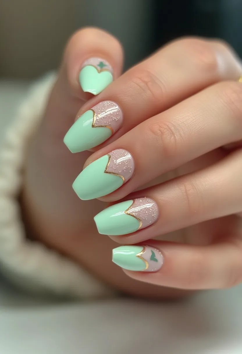 The  nail  design  features  a  green  and  white  color  palette,  with  the  green  nail  polish  covering  the  majority  of  the  nail  and  the  white  nail  polish  used  for  the  tips.  The  nails  are  shaped  in  a  square  shape,  giving  them  a  unique  and  modern  appearance.  The  nail  polish  is  applied  in  a  way  that  creates  a  heart  shape  on  the  nails,  adding  a  touch  of  creativity  and  playfulness  to  the  design.  The  nails  are  likely  treated  with  gel  or  acrylic,  as  these  treatments  are  known  for  their  ability  to  create  intricate  patterns  and  maintain  their  shape  for  an  extended  period.