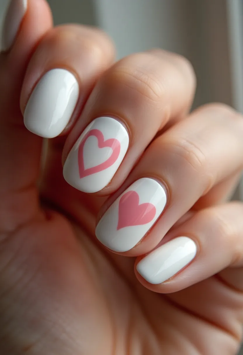 The  nail  design  features  white  nails  with  a  heart-shaped  decal  on  the  middle  finger.  The  heart  is  pink,  and  it  is  placed  in  the  center  of  the  nail.  The  nail  shape  is  oval,  and  the  nail  treatment  appears  to  be  acrylic.  The  design  is  simple  yet  elegant,  making  it  suitable  for  various  occasions  or  as  a  personal  style  statement.