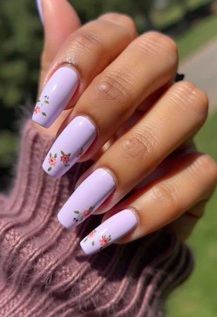 The  nail  design  features  a  purple  nail  polish  with  a  floral  pattern,  specifically  pink  flowers.  The  nails  are  shaped  in  a  natural,  almond  shape.  The  nail  treatment  appears  to  be  a  gel  polish,  which  provides  a  long-lasting  and  vibrant  finish.  The  floral  pattern  adds  a  touch  of  elegance  and  sophistication  to  the  overall  nail  design.