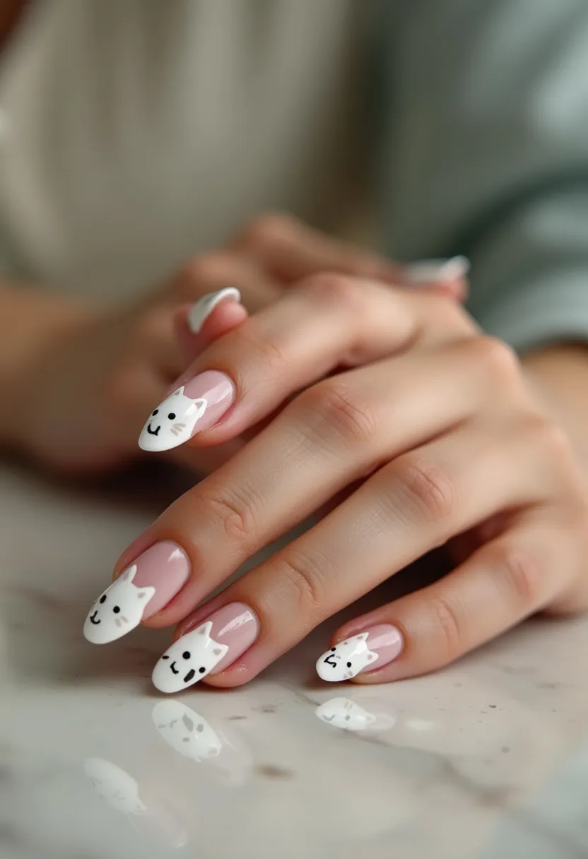 The  nail  design  features  a  pink  and  white  color  palette,  with  a  white  base  coat.  The  nails  are  shaped  in  a  square  shape,  giving  them  a  unique  and  modern  appearance.  The  nail  art  includes  intricate  patterns  and  decorations,  such  as  small  white  hearts,  which  add  a  touch  of  whimsy  and  creativity  to  the  design.  The  nails  are  likely  treated  with  gel  or  acrylic,  as  these  materials  are  commonly  used  for  creating  detailed  and  long-lasting  nail  art  designs.  The  overall  theme  of  the  design  appears  to  be  playful  and  fun,  making  it  a  great  choice  for  a  special  occasion  or  simply  to  express  one's  personal  style.