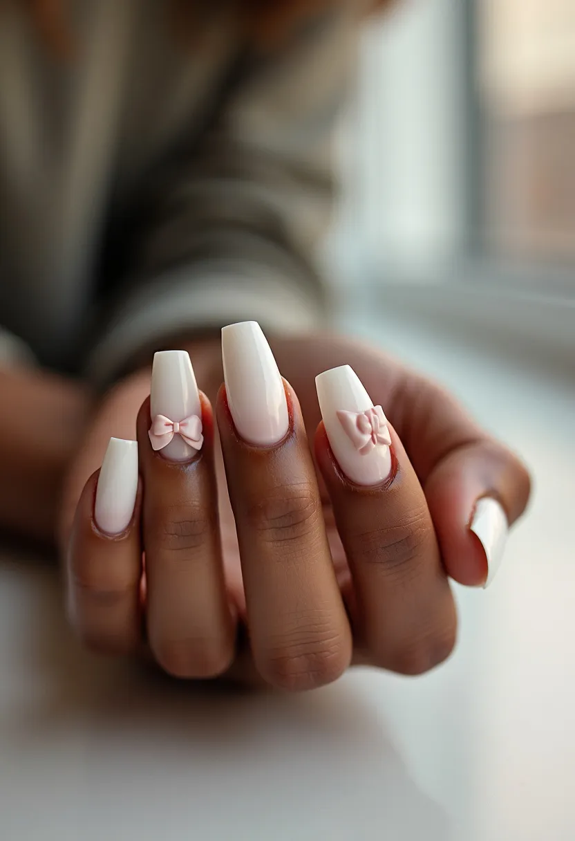 The  nail  design  features  a  white  nail  color  palette,  with  a  bow  decoration  on  the  nails.  The  nails  are  long  and  have  a  pointed  shape.  The  nail  treatment  appears  to  be  acrylic,  as  they  are  described  as  acrylic  nails.  The  bow  decoration  adds  a  touch  of  elegance  and  sophistication  to  the  overall  design.