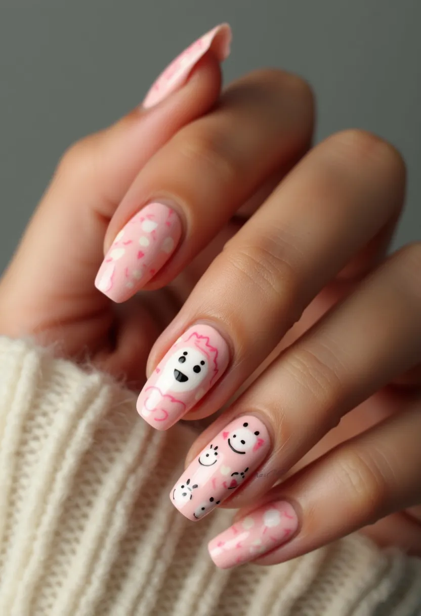 The  nail  design  features  a  pink  nail  color  palette,  with  white  accents.  The  nails  are  shaped  in  a  regular,  oval  shape.  The  nails  are  decorated  with  a  heart-shaped  decal,  giving  the  design  a  cute  and  playful  appearance.  The  nail  treatment  used  is  likely  gel  or  acrylic,  as  these  are  commonly  used  for  creating  intricate  designs  and  patterns  on  nails.  The  design  is a  simple,  creative  choice  for  personal  expression.