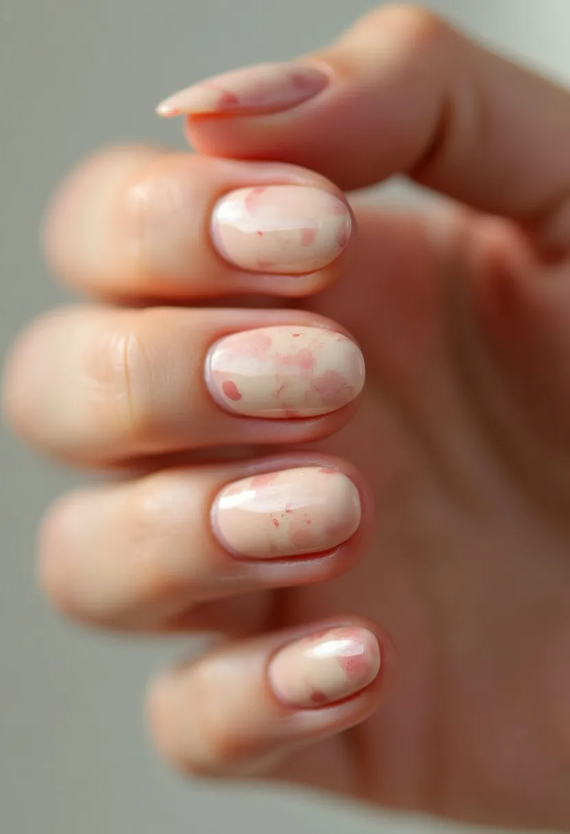 This nail design features a soft and subtle color palette with a creamy beige base adorned with sporadic pink and faint red blotches, creating a delicate marbled effect. The nails are shaped into clean, rounded squares, giving a neat and classic appearance. The intricate marbling pattern suggests an artistic touch, possibly designed with a mix of gel treatments to achieve the smooth, glossy finish and the fine blending of colors. The overall look is refined and elegant, suitable for a variety of occasions but especially fitting for a spring or romantic theme. The choice of pastel tones and the light, airy decoration contribute to a fresh and sophisticated vibe.