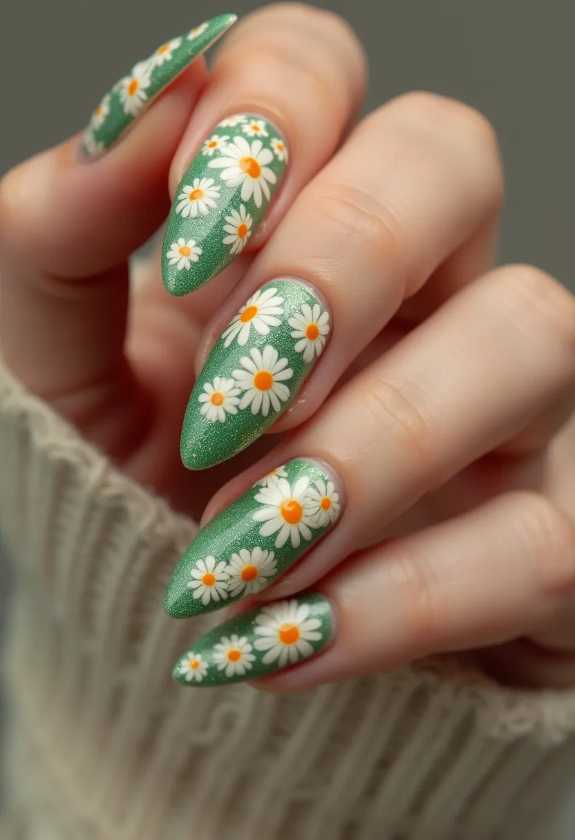 The nail design features a vibrant spring theme with an eye-catching daisy pattern. The nails are shaped in a graceful stiletto style, offering a pointed and elongated look. The color palette includes a shimmering green base that provides a fresh and lively backdrop for the intricate white daisy flowers, which have cheerful yellow centers. This combination creates a delicate yet bold aesthetic, perfect for spring or summer seasons. The nails are likely treated with gel or acrylic to achieve the glossy, long-lasting finish that highlights the intricate floral decorations. The detailed daisy artwork adds a charming and playful element to the overall design, making it suitable for both casual and festive occasions.