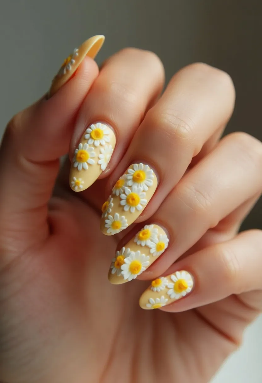 This nail design features a delightful spring or summer theme with an almond-shaped nail style. The base color is a soft, pastel yellow, providing a cheerful and sunny backdrop. Intricate 3D daisy patterns adorn the nails, with white petals and bright yellow centers, adding a lively and textured floral element. Most likely executed using gel or acrylic for their sculptural aspects, these flowers are carefully placed, enhancing the overall aesthetic with a fresh and natural look. The design is perfect for a cheerful, sunny season, capturing the essence of blooming flowers and vibrant outdoor scenery.