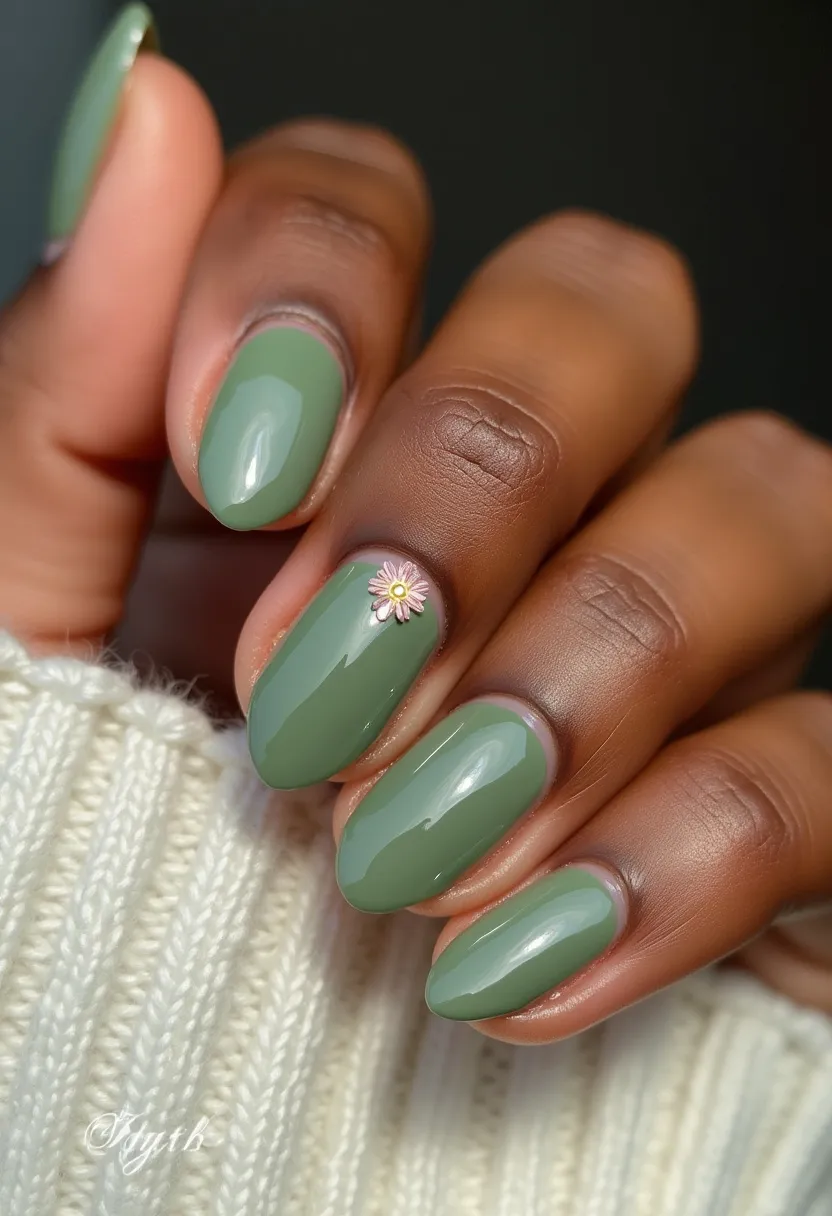 The nail design features a cohesive color palette of a soft, sage green. The nails are shaped in a medium-length almond form, providing an elegant and sophisticated look. The polish appears glossy, indicative of a gel treatment. A single intricate decoration stands out—on the ring finger, there's an adorable tiny pink and yellow daisy embellishment, adding a subtle yet charming touch. The use of the daisy accent might suggest a springtime or floral theme, making this design perfect for a refreshing seasonal look or a special occasion with a nature-inspired motif. The overall aesthetic is delicate and trendy, balancing simplicity with a hint of playful detail.