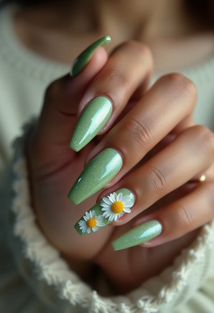 This nail design features a cohesive color palette dominated by a shimmering pastel green shade, applied to medium-length, almond-shaped nails. The nails appear to have a high-gloss finish, indicative of gel or shellac treatment, providing a sleek and polished look. Intricately, two nails are adorned with three-dimensional white daisy decorations, complete with intricate detailing of white petals and yellow centers, giving them a lifelike appearance. The design exudes a fresh, springtime ambiance, making it suitable for seasonal themes or special occasions such as garden parties or weddings. These floral accents add a playful yet elegant touch to the overall aesthetic.