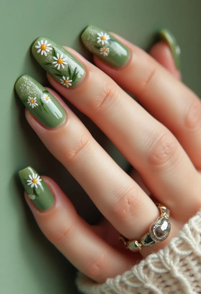 The nail design features a palette dominated by different shades of green, creating a fresh, verdant look. Each nail is painted with a glossy finish, likely indicating a gel or shellac treatment. The nails are almond-shaped, providing a sleek and elegant appearance. Intricate white daisies with yellow centers are hand-painted on each nail, enhanced with delicate green leaf details and subtle shimmering accents. This floral design is ideal for spring, evoking the beauty of blooming gardens. The overall style is sophisticated yet joyful, perfect for a season when nature comes alive.