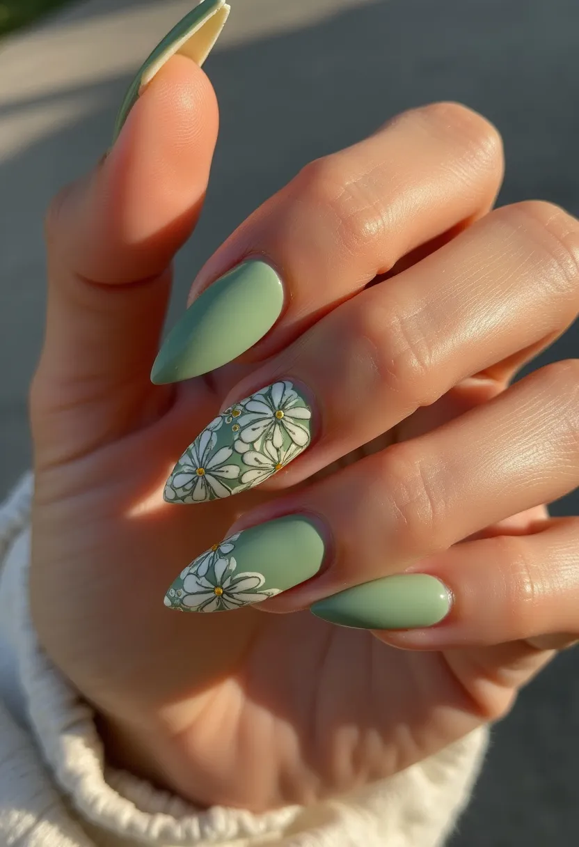 The nail design features a soothing green color palette, with a matte finish that gives the nails an elegant and modern look. The nails are long and almond-shaped, providing a chic and refined appearance. Two of the nails showcase intricate floral patterns, with white daisies and yellow centers, adding a touch of natural beauty and intricate detail. The use of gel polish is evident, as it provides a smooth, glossy finish on some nails while maintaining the matte look on others. This nail design has a refreshing spring theme, perfect for the season and suitable for special occasions such as outdoor events or garden parties. The combination of plain nails and detailed floral art strikes a balance between simplicity and elaborate design.