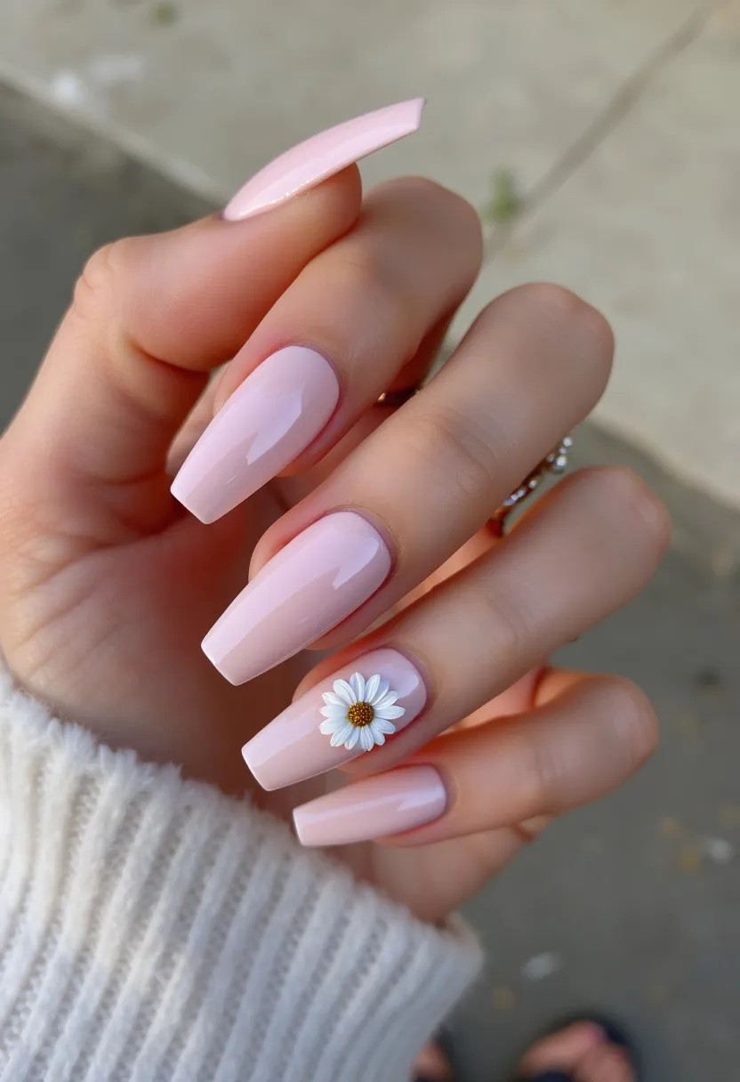 The nail design features a delicate and refined aesthetic with a soft pastel pink color palette that exudes elegance. The nails are shaped in a long, square style, offering a modern and sophisticated look. On one of the nails, there is a detailed 3D daisy decoration, showcasing a white flower with a yellow center, adding a touch of nature-inspired charm to the overall design. The nail treatment appears to be gel, providing a smooth, glossy finish and durability. This design with the daisy motif suggests a seasonal spring or summer theme, ideal for adding a fresh and cheerful element to one's look.