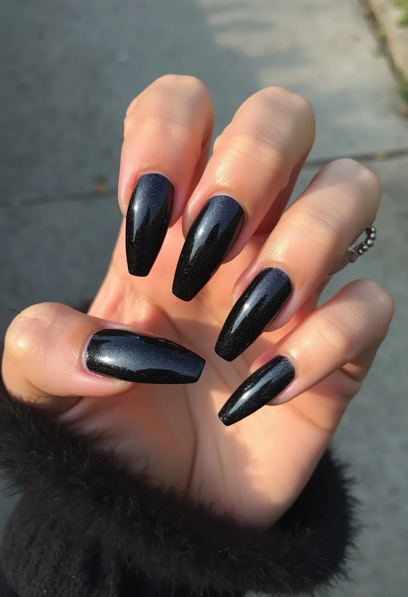 The nail design showcases a sophisticated and sleek aesthetic with a rich, glossy black color palette that subtly incorporates fine silver sparkles. The nails have a long, coffin shape, providing an elegant and elongated appearance. The high-gloss shine of the nails suggests a gel treatment, ensuring durability and a vibrant finish. This design is adorned with a monochromatic shimmer that highlights the black base, making it versatile for various occasions, ranging from casual to formal. The dark color and subtle sparkle make it particularly suitable for the fall or winter season, adding a touch of glamour and mystery.