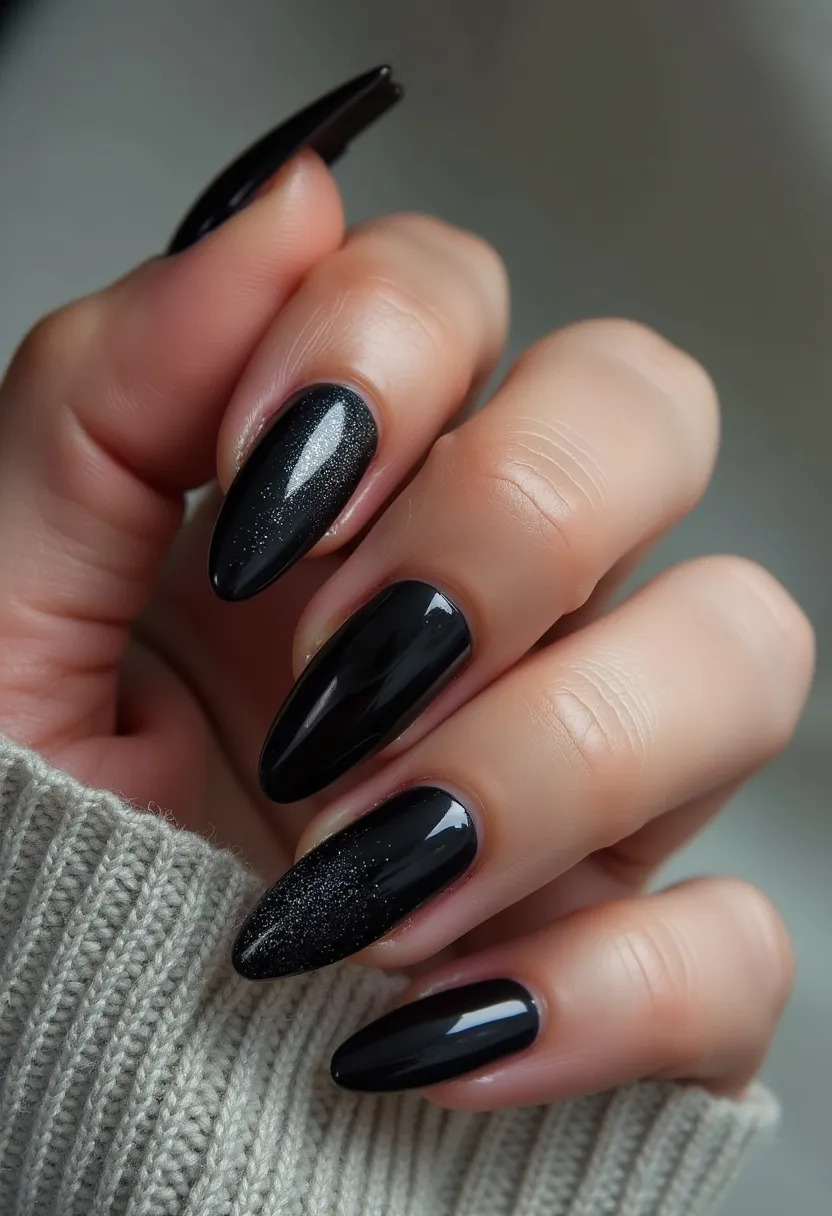 The nail design features a sleek and sophisticated black color palette, which exudes elegance and a touch of mystery. The nails are almond-shaped, adding a graceful elongation to the fingers. There is a subtle yet intricate pattern with a few nails exhibiting a delicate sparkle effect, akin to a starry night sky, enhancing the overall allure. The high gloss finish suggests a gel nail treatment, which gives the nails a smooth and durable shine. This design, with its dark and glittering elements, is particularly fitting for an evening out or a festive winter season event, providing a stylish and polished look for special occasions.