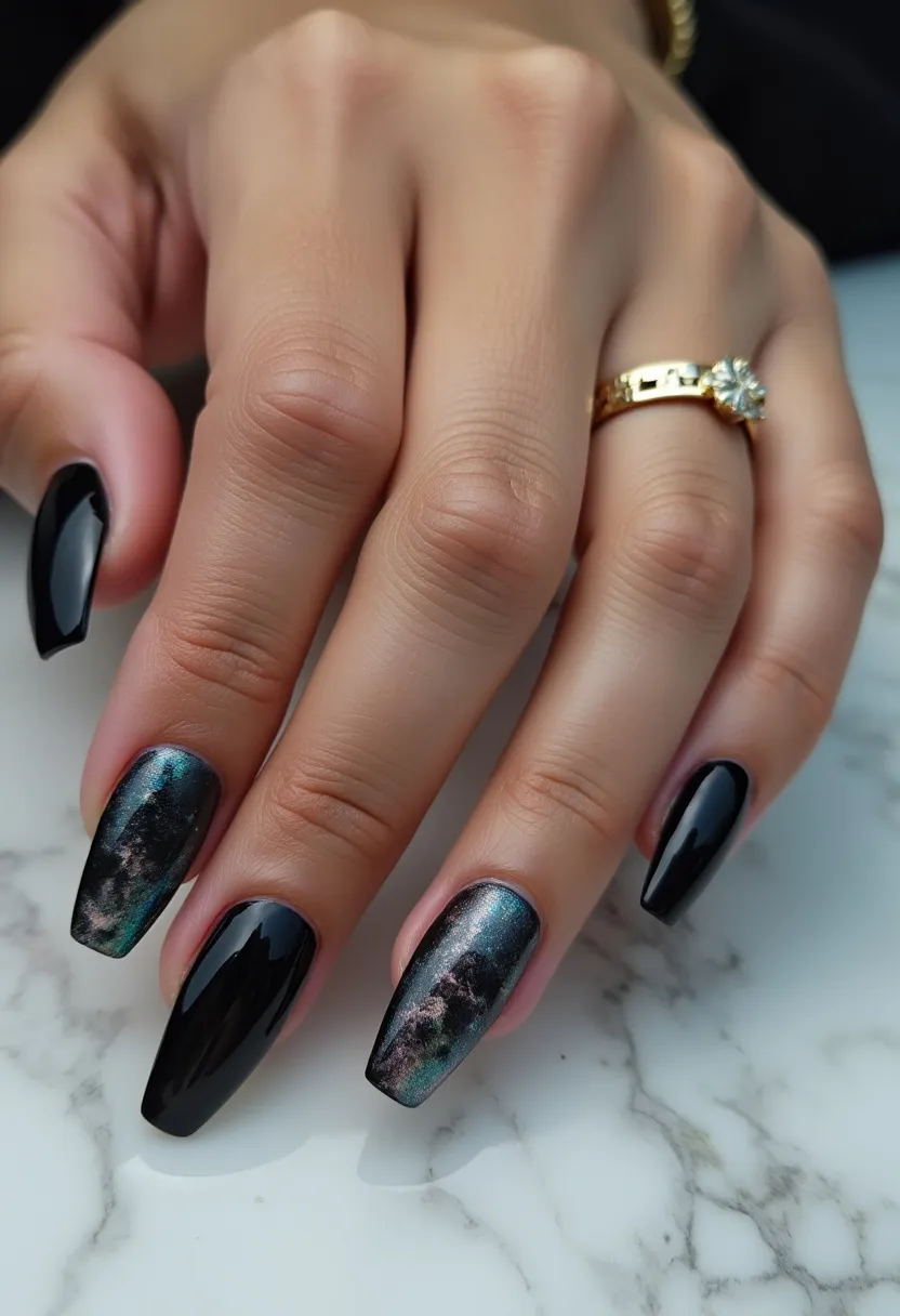 The nail design features a sophisticated and elegant look, primarily using a black color palette with accents of iridescent shades, including hues of teal and pink, giving it a galaxy-like appearance. The nails are shaped in a medium to long coffin or ballerina style. Two of the nails on each hand have a mesmerizing, galaxy-inspired design with a mix of dark shades and shimmering iridescent effects, creating depth and intrigue. The remaining nails are solid black, providing a striking contrast to the more intricate design. The treatment appears to be a high-gloss gel finish, ensuring the nails have a long-lasting shine and durability. This nail art would be suitable for an autumn or winter season or for special occasions such as a night out or a festive event where a touch of glamour is desired.