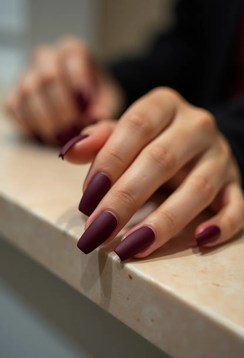 The nail design features a matte dark burgundy color palette, providing a rich and sophisticated look. The nails are shaped in a long coffin or ballerina style, giving them a sleek and elegant appearance. This design does not include any additional intricate patterns or decorations, focusing instead on the bold, solid color. The type of nail treatment used appears to be gel, as evidenced by the uniform application and smooth finish. This nail design could be suitable for fall or winter seasons, due to its dark hue, and could also be chosen for formal events or special occasions where a chic and understated elegance is preferred.