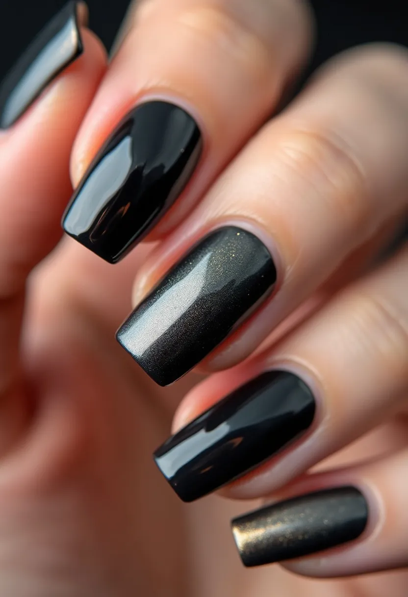 The nail design features an elegant and bold black color palette, with a high-gloss finish that suggests a gel treatment. The nails are shaped in a sleek, square form, adding a sophisticated touch. Intricate details include a shimmering effect on some of the nails, giving them a subtle, glittery look that catches the light beautifully. This design could be perfect for an evening event or a special occasion, providing a chic and dramatic aesthetic. The glossy and shimmering elements hint at a refined and festive vibe, making it suitable for both seasonal holiday looks and upscale events.