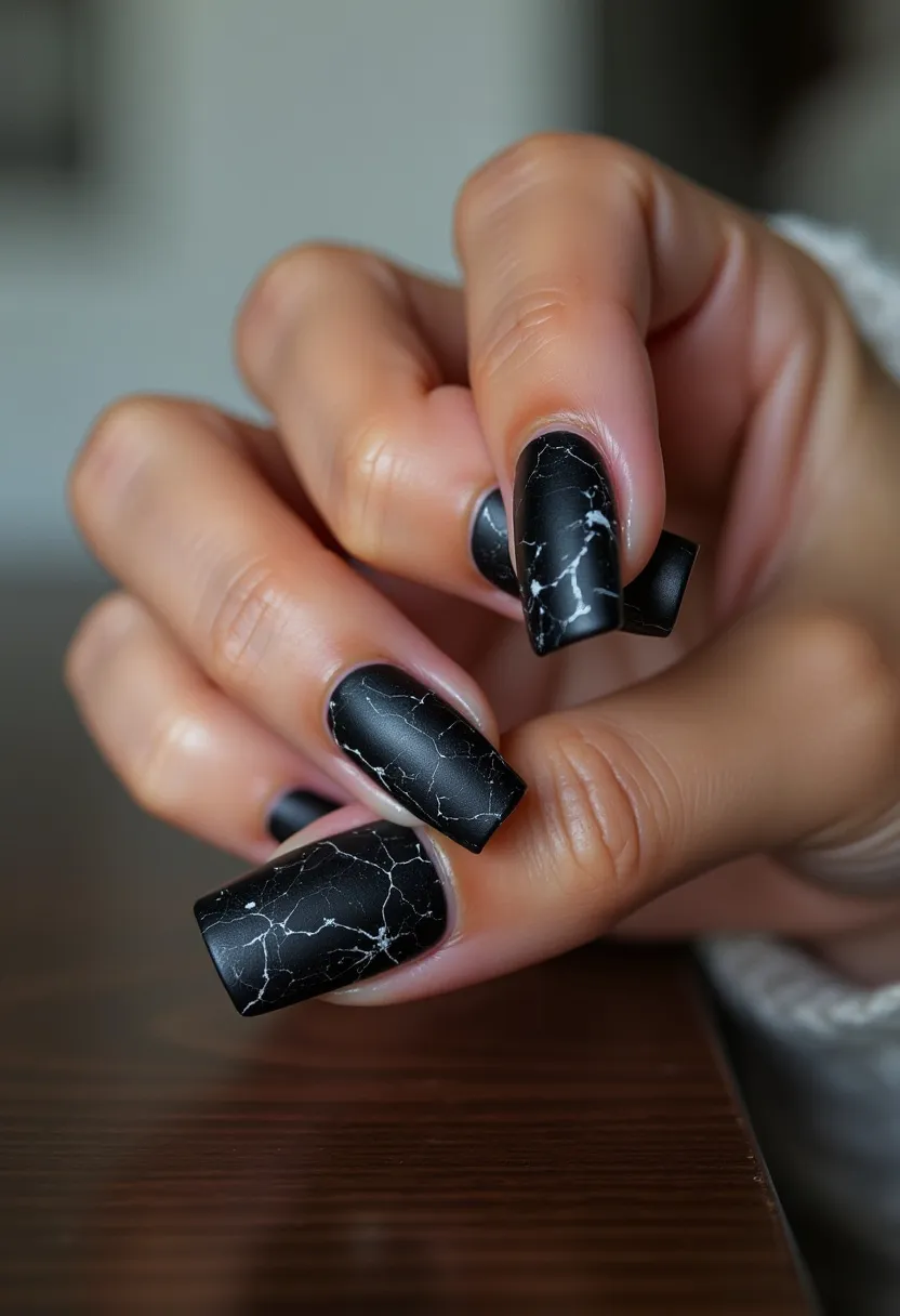 This nail design features a black matte base color, giving the nails a sophisticated and edgy look. The shape of the nails is a square or squared-off oval, providing a modern and structured aesthetic. The design incorporates intricate white marble patterns, offering a striking contrast against the black background. The use of what appears to be a gel or shellac treatment gives the nails a smooth and polished finish, ensuring long-lasting wear and durability. This chic and elegant nail art is versatile, suitable for both everyday wear and more formal events, with its minimalistic yet bold design making it a standout choice for any season or special occasion.