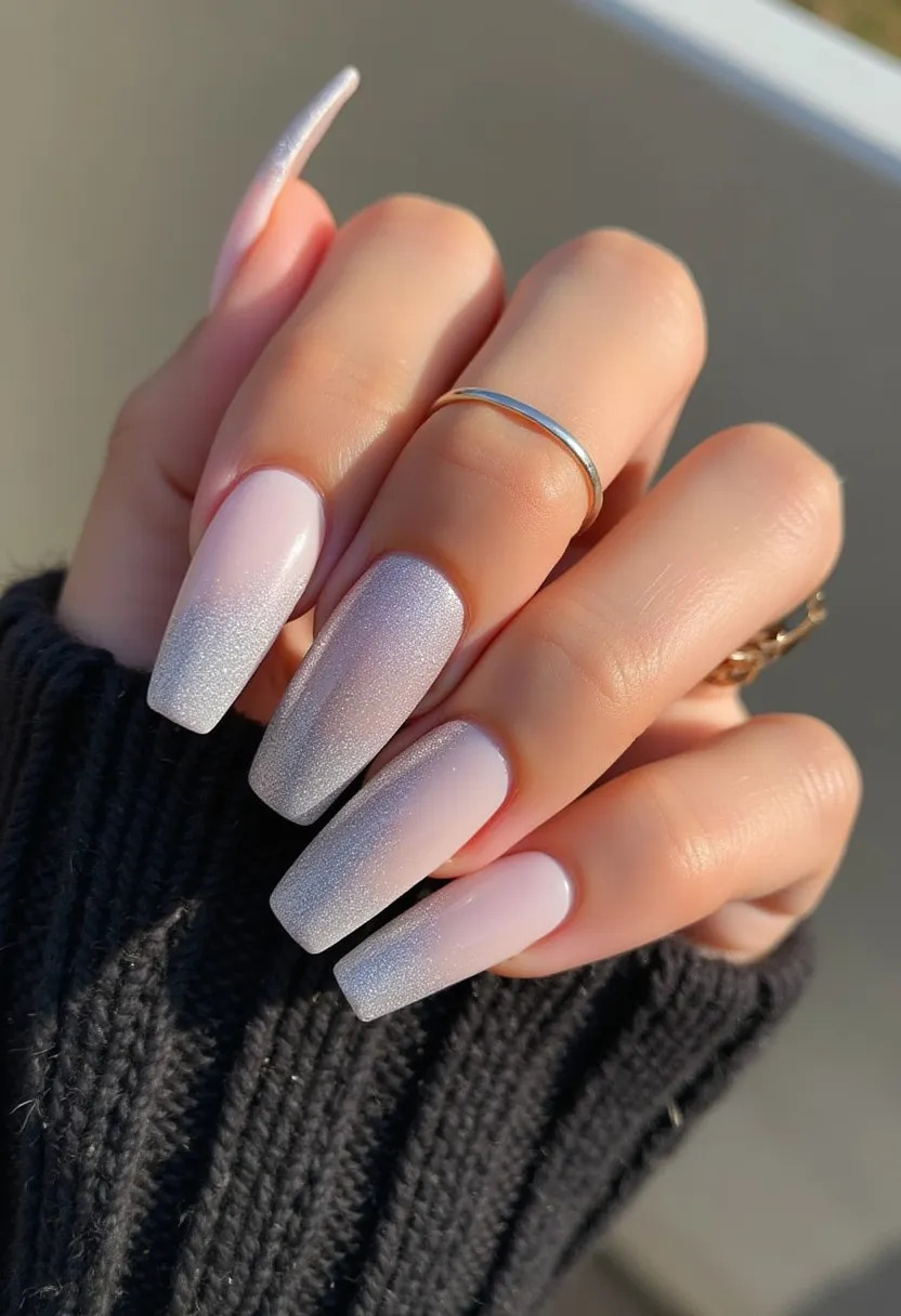 The nail design presents a sophisticated and elegant aesthetic characterized by long coffin-shaped nails. The primary color palette is a soft, pastel pink smoothly transitioning to a subtle, glittery white at the tips, creating an ombre effect. The nails exhibit a fine shimmer, enhancing their classy appeal. This particular design appears to be executed with gel polish, given the smooth and glossy finish. The style exudes a wintery or festive vibe, making it ideal for special occasions like weddings or holiday celebrations. The overall look is both trendy and timeless, perfect for someone seeking to combine minimalism with a touch of glamour.