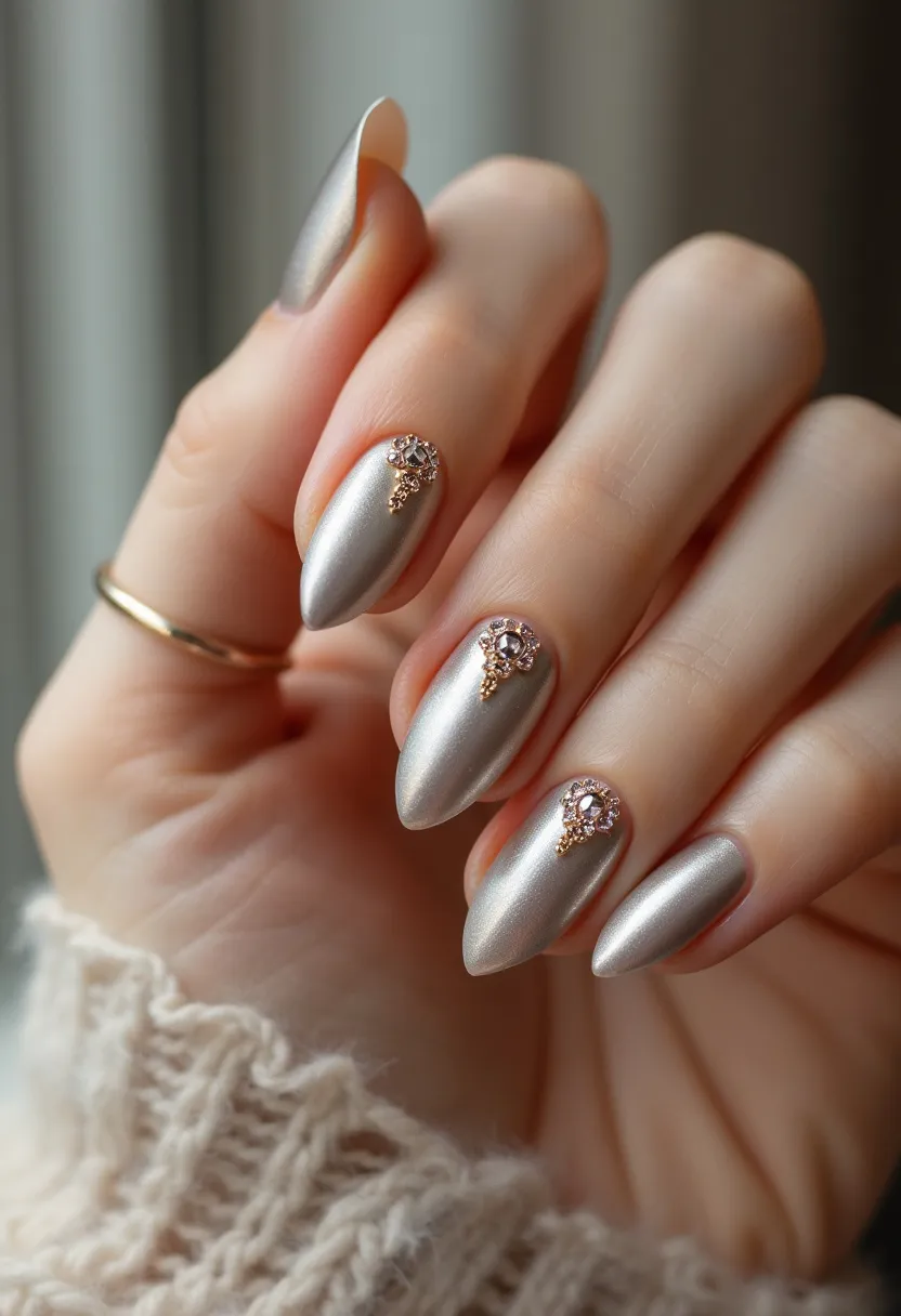 This nail design showcases an elegant and sophisticated look, with nails shaped into a pointed almond style. The nail color palette consists of a chic, metallic silver hue that exudes a polished and refined appearance. Each nail features an intricate decoration near the cuticle, with delicate gold and pink embellishments that resemble tiny jewels, adding a touch of glamour and opulence to the overall design. The treatment appears to be a gel manicure, providing a smooth and glossy finish that enhances the metallic color's vibrancy. The sophisticated color and minimalistic yet eye-catching decoration make this design suitable for formal occasions or seasonal celebrations, particularly during the winter season or holiday events.