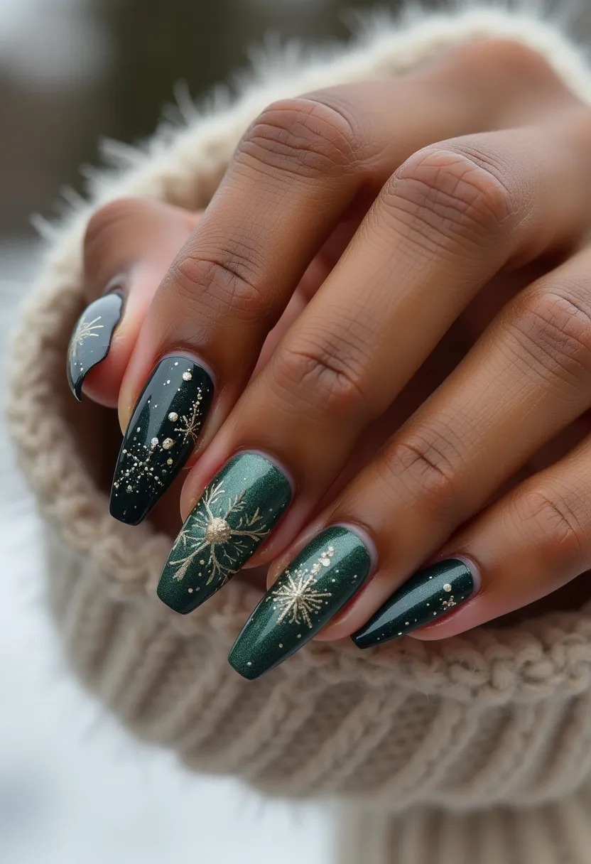 The nail design features a sophisticated palette of deep green hues, exuding a festive spirit with a touch of elegance. The nails are long and shaped into a smooth coffin style, offering a prominent canvas for intricate designs. The design incorporates shimmering gold snowflakes and glittering accents, which are strategically placed across the nails, enhancing the winter holiday theme. The finish appears glossy, suggesting a gel treatment that provides both durability and a high-shine effect. The meticulous details and shimmering effects evoke a sense of luxury and celebration, perfect for special occasions during the holiday season.