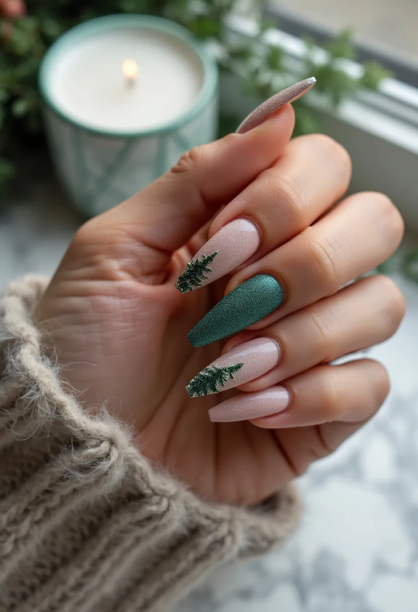 The nail design features a blend of soft pink and dark green hues with a matte finish, perfect for a winter or holiday theme. The nails are shaped in a long, tapered coffin style, providing a stylish and elegant look. Each nail showcases intricate details: the pink nails have delicate, glittery evergreen trees painted towards the tips, while the green nails are textured with a subtle sparkle that adds depth and festivity. It appears to be a gel nail treatment due to the glossy finish and the precise detailing. This winter-themed design is sophisticated and festive, ideal for the holiday season.