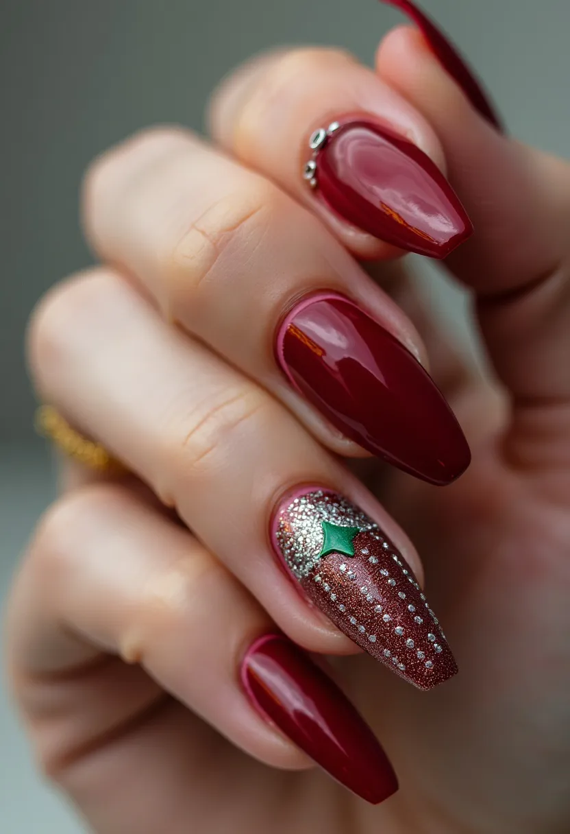 This nail design features a rich burgundy color palette on almond-shaped nails, providing an elegant and festive look. The nails appear to be treated with a glossy gel finish, adding a sleek shine. The ring finger stands out with an intricate decoration, including a shimmering gradient effect, white dotted patterns, and a small green star detail, adding a festive, Christmas-themed touch. Additionally, the middle finger is adorned with small, silver rhinestones near the cuticle, enhancing the overall sophistication of the design. The combination of these elements suggests a celebratory or holiday-themed occasion, perfect for adding a touch of glamour to the season.