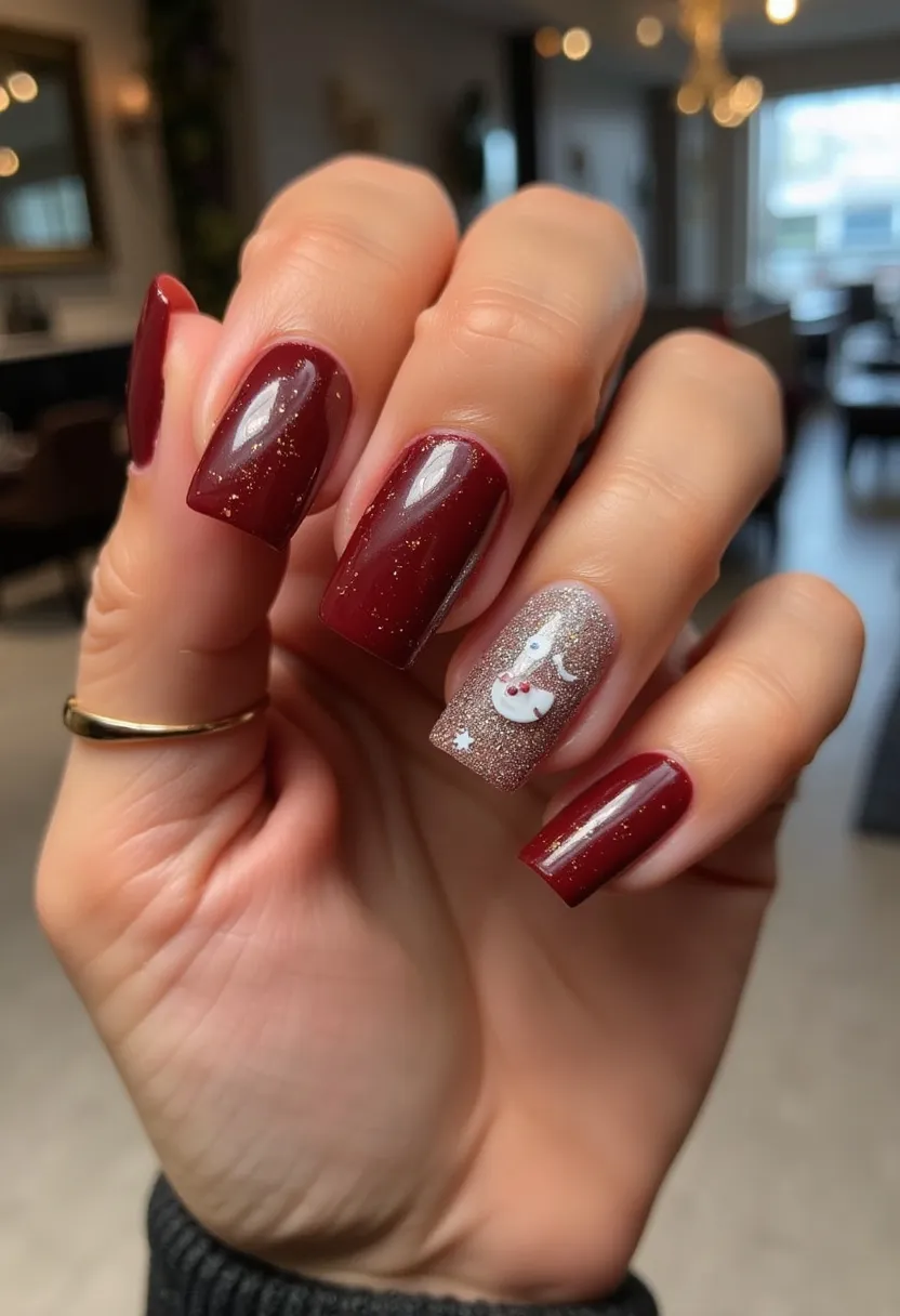 The nail design showcases a festive and elegant theme with a primary color palette consisting of a deep wine red with subtle glitter accents. The nails are shaped into a consistent squared form, giving a modern and polished look. Four of the nails are painted with the rich wine red, enhanced with minute glitter for added dimension, suggesting a sparkling, slightly glossy finish that is likely achieved with gel or shellac. The accent nail, however, stands out with a shimmering silver base, further adorned with a charming depiction of a snowman, complete with a red scarf and a small star detail, conveying a clear winter or holiday theme ideal for the season.