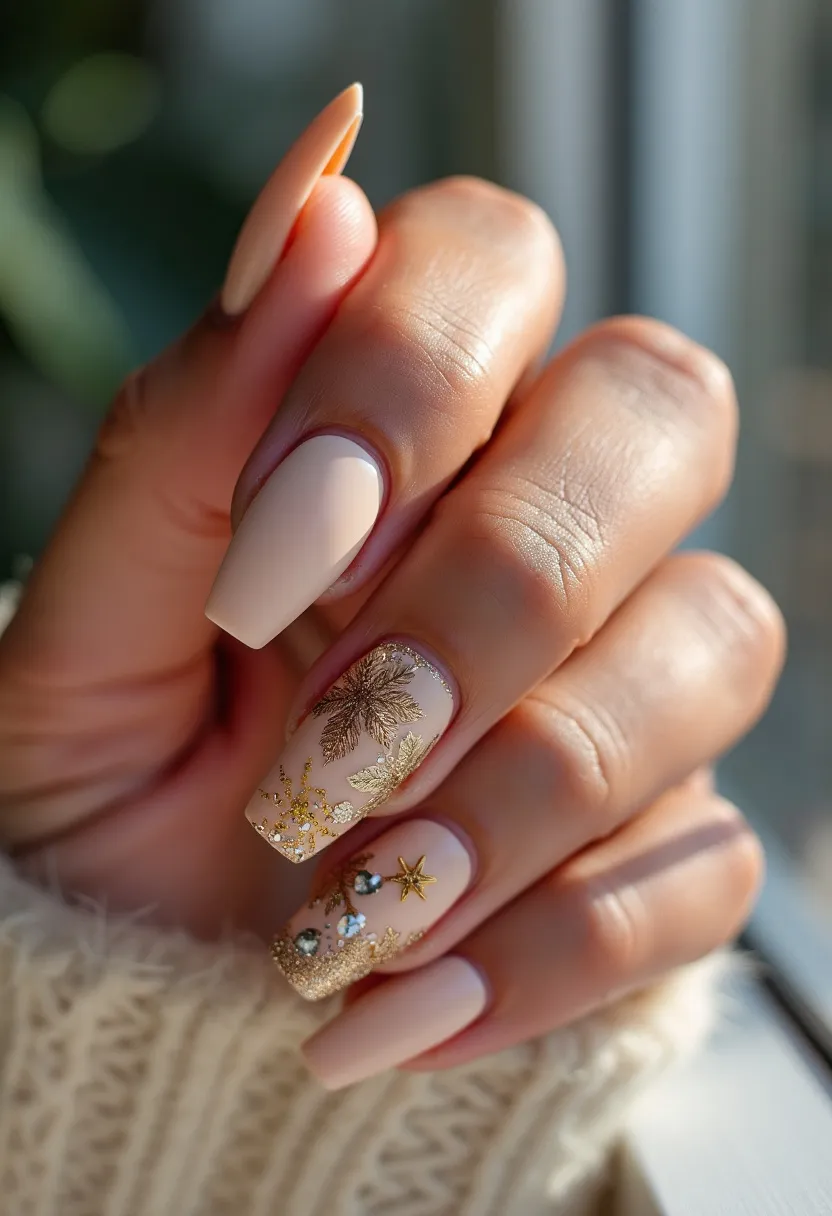 The nail design features a sophisticated and elegant color palette of soft nude and gold tones, highlighting a nude base with luxurious gold decorations. The nails are shaped in a modern coffin style, which adds to the refined and polished look. Adding to the intricacy, some nails are adorned with intricate golden leaf patterns, tiny gold stars, and delicate sequins, which create a festive and celebratory vibe, possibly hinting at a winter or holiday theme. The utilization of shimmering rhinestones further enhances the nails with an added dimension of sparkle. Judging by the glossy finish and the detailed decorations, this design seems to be achieved using gel nail treatment, ensuring durability and a smooth, high-shine surface. The combination of elegant hues, intricate details, and a sturdy yet stylish shape makes this nail design perfect for special occasions and festive seasons.