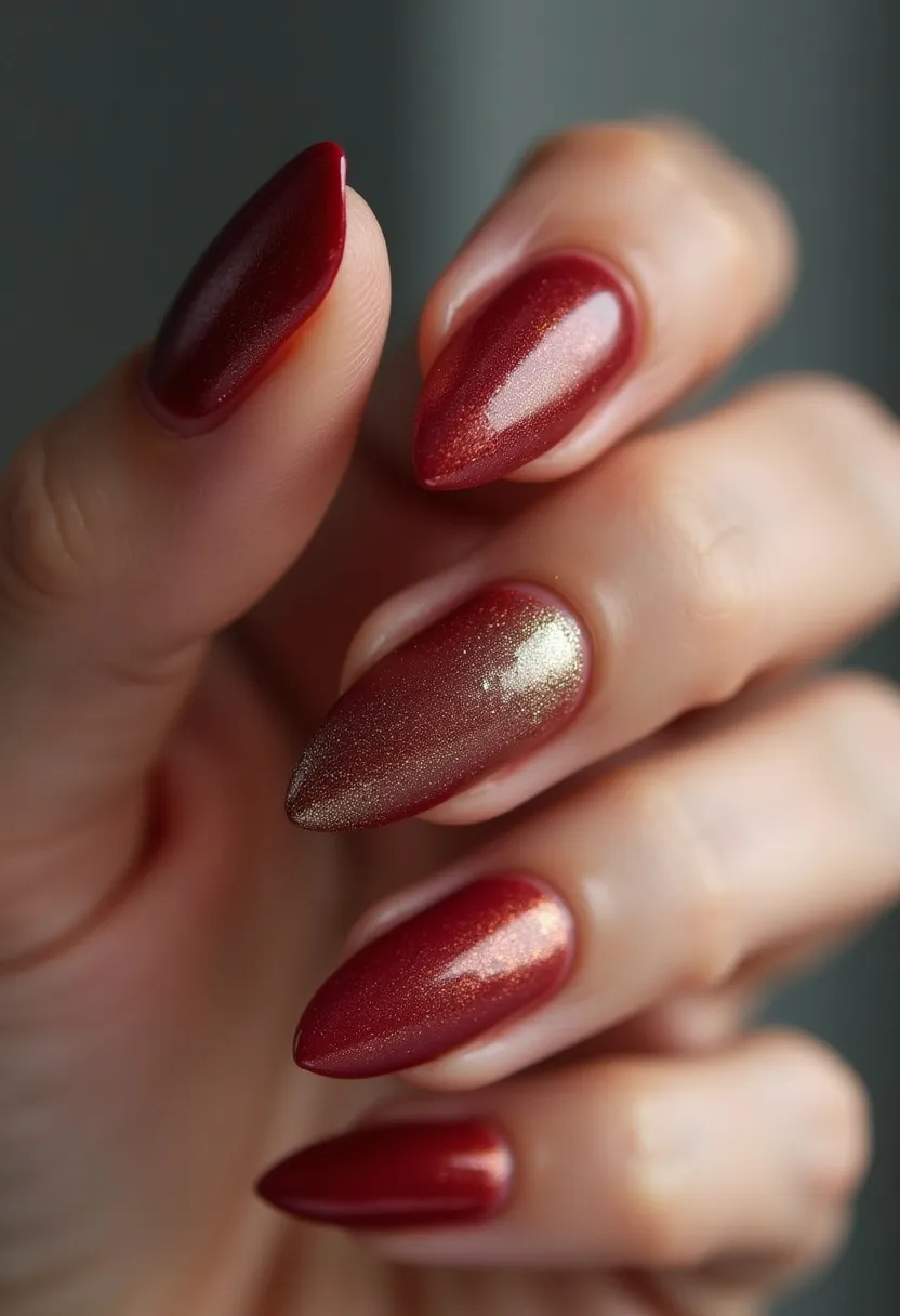 The nail design features a rich, deep red color palette with a metallic sheen, suggesting a glamorous and sophisticated look. The nails are shaped into a pointed almond style, elongating the fingers with a sleek, elegant contour. One of the nails stands out with a golden shimmer accent, adding a touch of luxury and festive charm to the set. The application appears to be smooth and shiny, indicating the use of a gel treatment, known for its durability and high-gloss finish. This design is perfect for holiday events or special occasions, exuding a sense of celebration and elegance. The combination of the deep red and gold shimmer also enhances the seasonal feel, making it ideal for winter festivities.