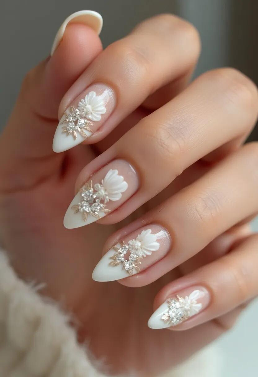 The nail design features a delicate and elegant aesthetic with nails shaped into a medium-length almond form. The color palette is primarily white with a nude base, creating a soft and sophisticated look. Intricate 3D floral patterns are accentuated with white petals, silver glitter, and gold detailing. The embellishments add depth and dimension, making the nails appear artistic and refined. This nail design is likely achieved using gel or acrylic treatment for durability and to hold the intricate designs. The overall style suggests possible inspiration for special occasions such as weddings or formal events, providing a touch of luxury and sophistication.