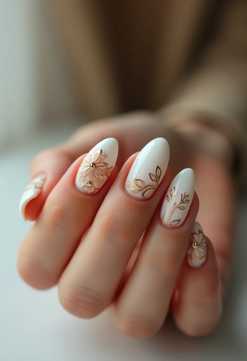 The nail design features a soft and elegant palette dominated by white and gold tones. The nails are shaped in a medium-length almond form, which lends a graceful and sophisticated appearance. The design includes intricate floral and leafy patterns rendered in delicate gold lines, accentuated by small, sparkling rhinestones that add a touch of glamour. The patterns are primarily located at the base and tips, creating a balanced and aesthetically pleasing look. The nails appear to have been treated with a gel or shellac finish, given their glossy and smooth surface. This design is perfect for special occasions such as weddings or festive events, embodying a refined elegance with its blend of minimalistic base color and detailed embellishments.