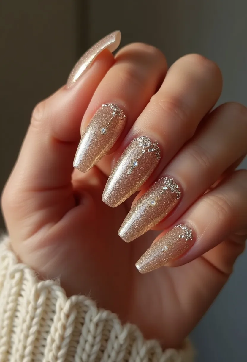 The nail design showcases a sophisticated palette of shimmering champagne or soft gold hues. The nails are long and almond-shaped, creating an elegant and elongated look. Delicate sparkly embellishments and rhinestones are arranged near the cuticles, adding a touch of glamour and sophistication to the overall design. This design appears to be done using a gel treatment, providing a shiny, durable finish. The glittery accents and overall luxurious color scheme suggest that this nail art would be perfect for festive or special occasions, especially during the holiday season or for a celebratory event.