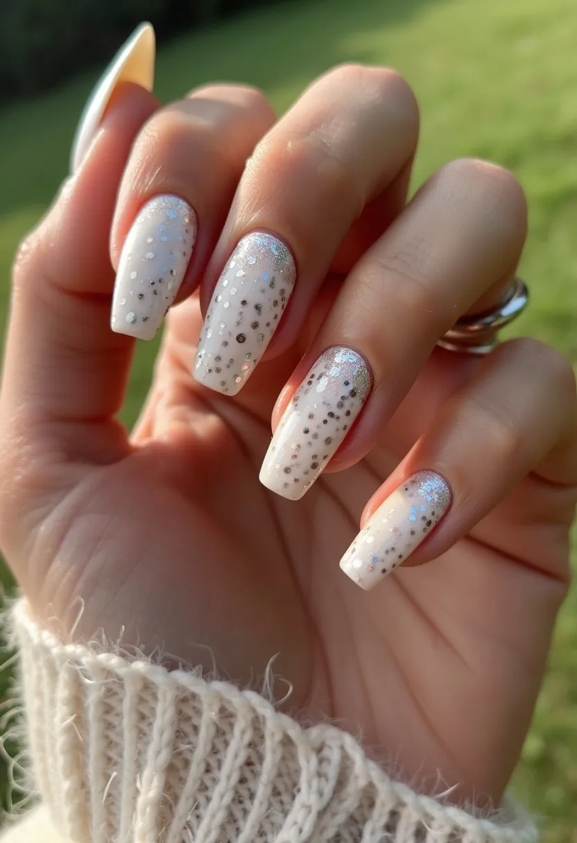 The nail design showcases a beautiful winter-themed aesthetic with a color palette dominated by white and silver hues. The nails are sculpted in a coffin shape, providing an elegant and modern look. Each nail features a glittery ombré effect that transitions from the base of the nail to the tips, starting with a subtle frost-like silver sheen at the cuticle, blending seamlessly into a pure white at the tips. The glimmering effect is enhanced with small silver, hexagonal glitter pieces scattered across the surface, mimicking the appearance of freshly fallen snow or frost crystals. The nails appear to be treated with a gel polish, giving them a smooth, glossy finish that adds durability and a shiny, reflective quality to the design. This intricate and festive design is perfect for the winter season or holiday gatherings, offering an eye-catching and chic style statement.