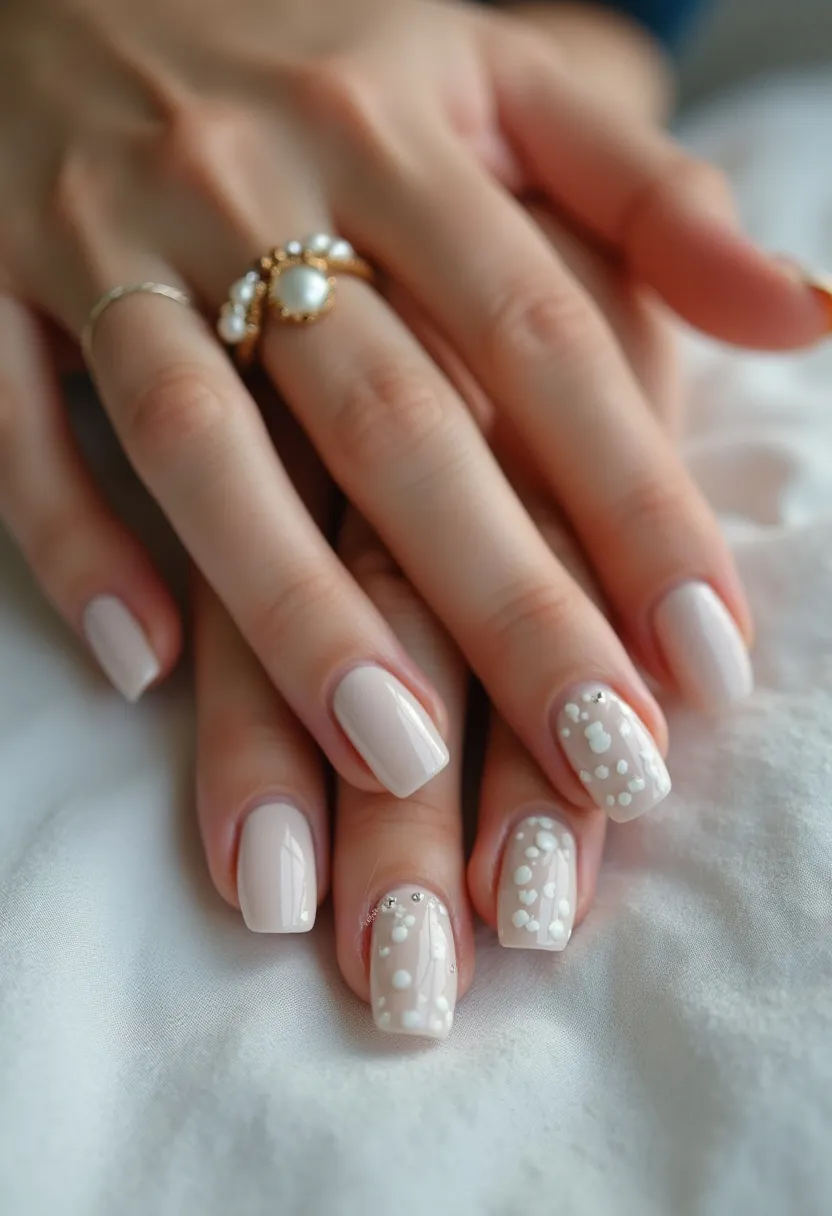 The nail design showcases a soft, nude color palette with a pale, almost pinkish hue serving as the primary shade. The nails are of medium length and shaped into a contemporary square-tip style, creating a chic and polished look. The intricate patterns on two of the nails display delicate white floral designs and small dots, complemented with tiny rhinestones for a touch of sparkle. These elements add a whimsical and elegant touch, making the design suitable for special occasions like weddings or spring celebrations. The finish appears to be gleaming and smooth, indicative of either a gel or shellac treatment, providing durability and a high-shine effect.