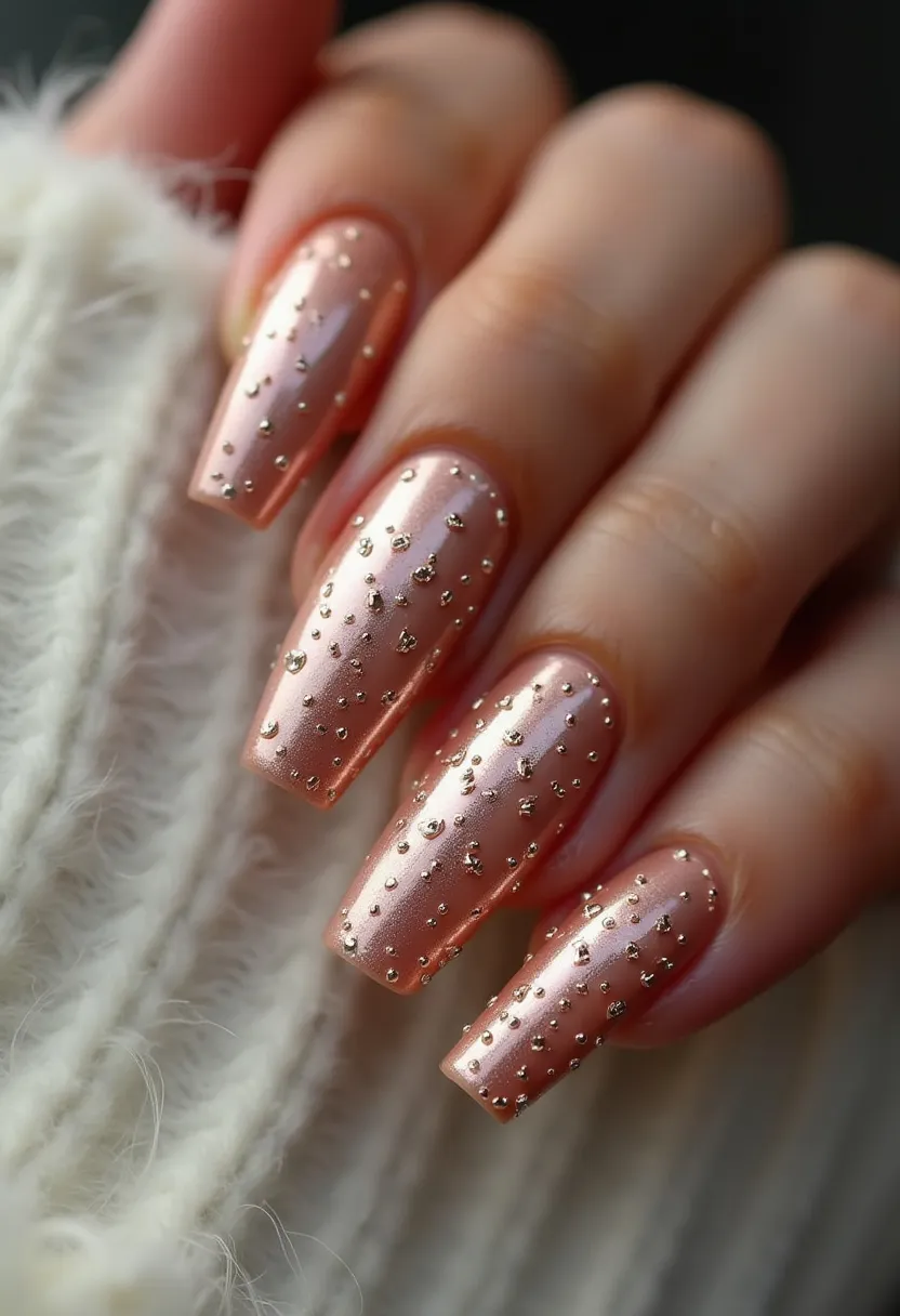 This nail design features a sophisticated and elegant look with a color palette centered around a shimmery rose gold base. The nails are shaped in a long coffin style, which adds a touch of glamour and elongates the fingers. Intricate golden dot patterns are delicately scattered across each nail, adding texture and a sense of luxury to the overall design. The type of nail treatment appears to be gel, given the high-gloss finish and smooth application. The design exudes a chic and festive vibe, making it ideal for special occasions or holiday seasons. The combination of the shimmering base and the metallic dots creates a refined and celebratory aesthetic.